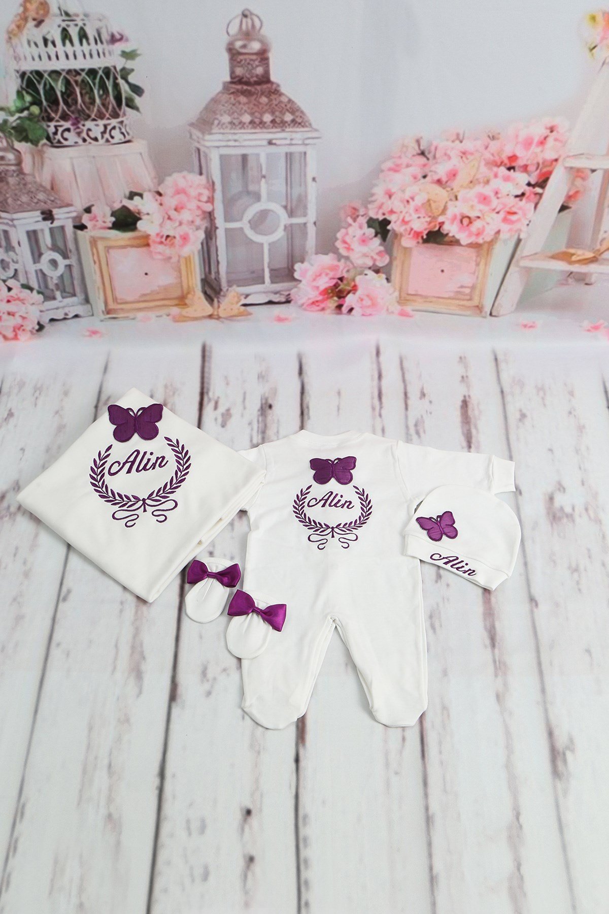 Personalized Butterfly Embroidered 4 Pieces Baby Rompers Set-4041