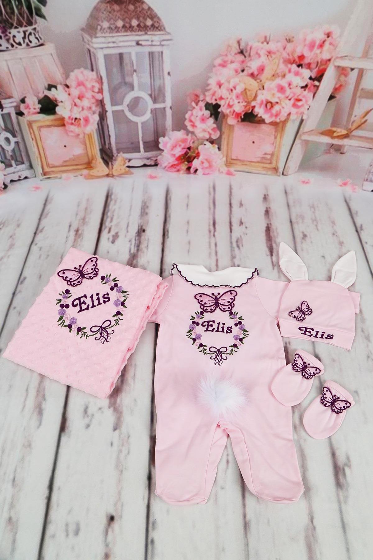 İsme Özel Kelebek Nakışlı Tavşanlı 4lü Nakışlı Hastane Çıkış Set