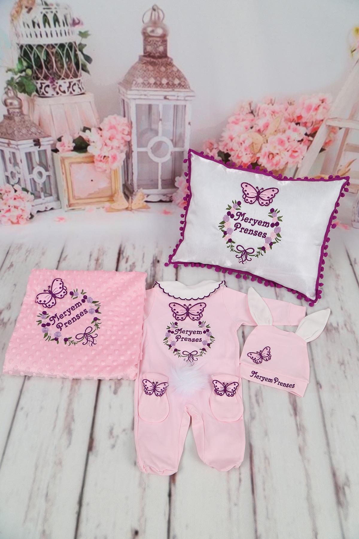 İsme Özel Kelebek Nakışlı Tavşanlı 5li Hastane Çıkış Set