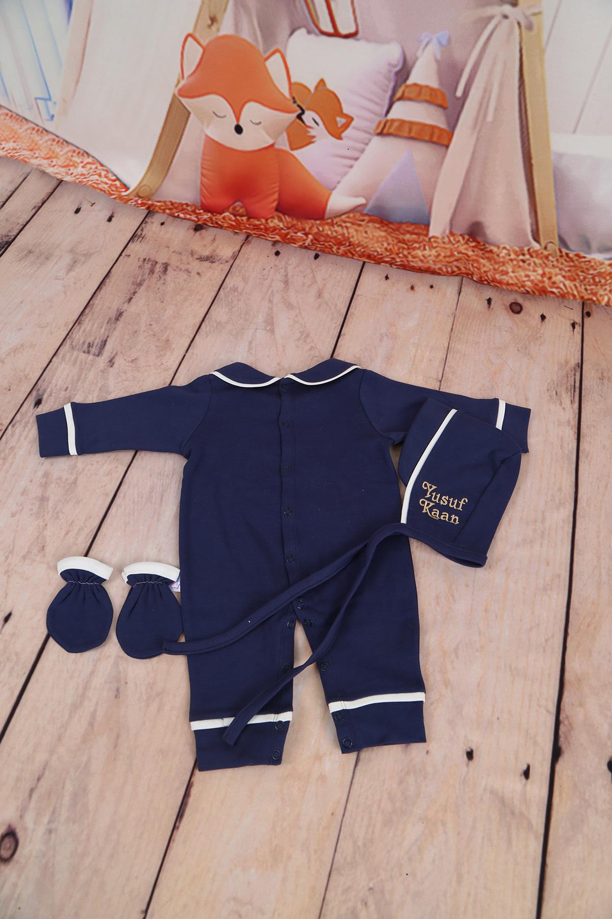 İsme Özel Lacivert Biye Detaylı Hastane Çıkışı 3'lü set