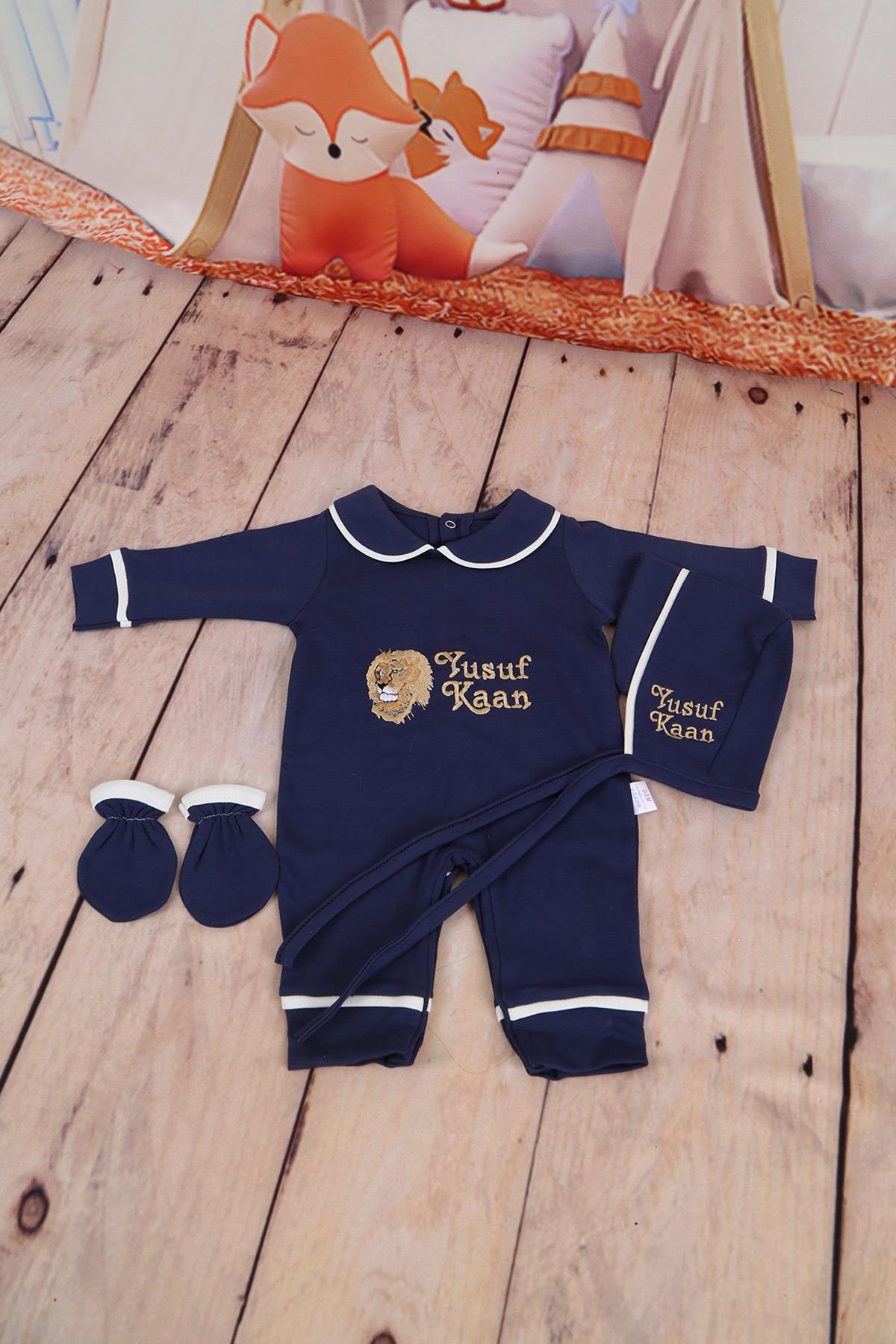 İsme Özel Lacivert Biye Detaylı Hastane Çıkışı 3'lü set