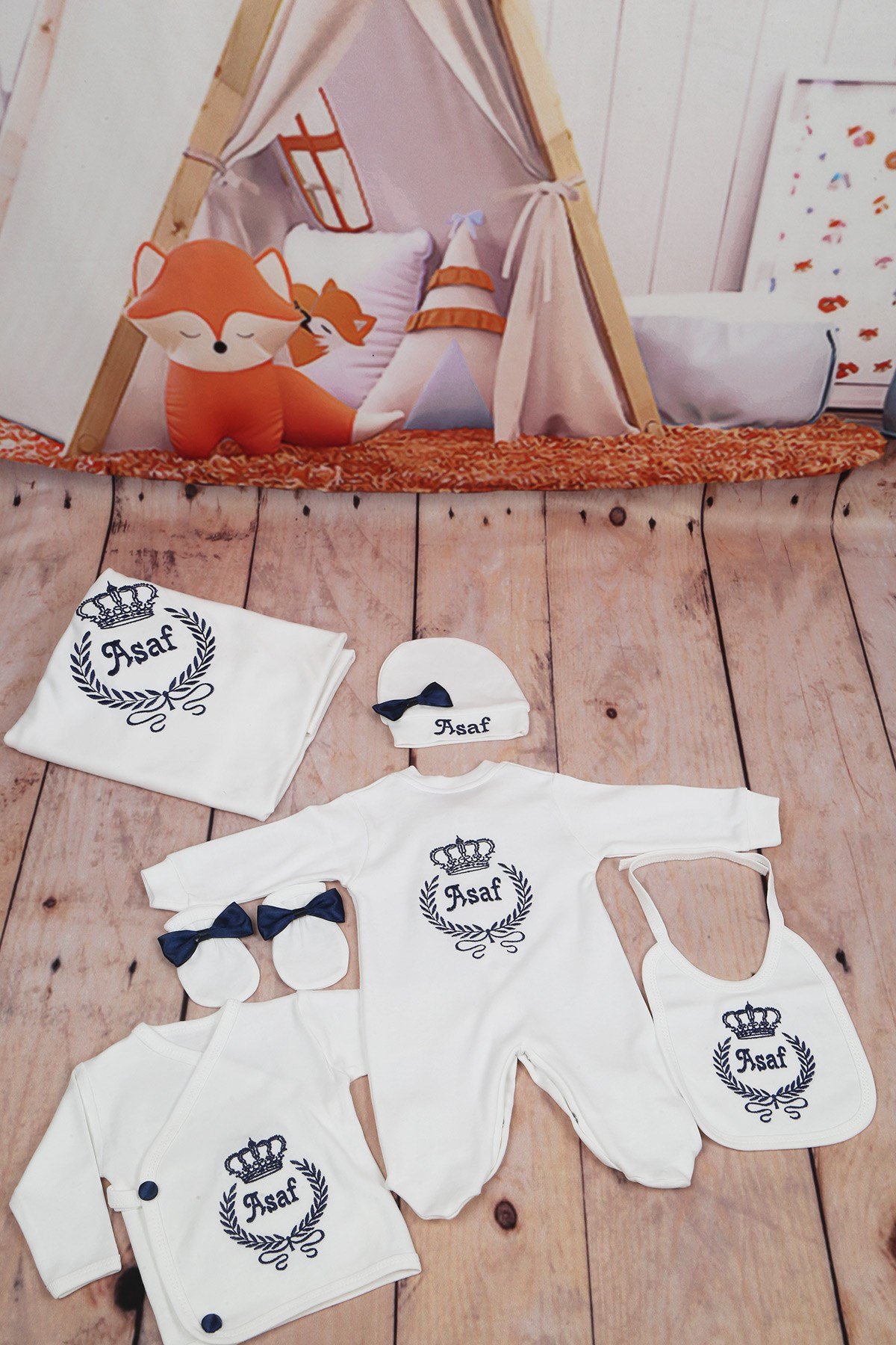 Personalized Navy Blue Crown Embroidered 10 Piece Set-1008