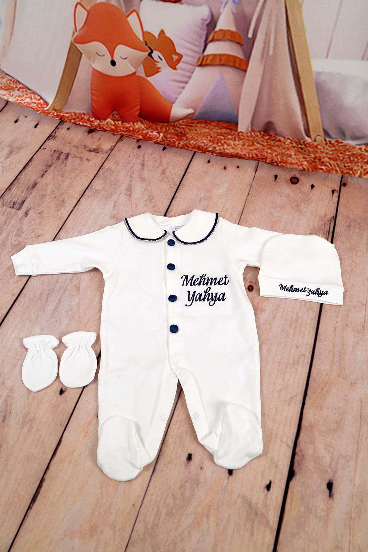 İsme Özel Lacivert Yaka Detaylı Hastane Çıkışı 3'lü set