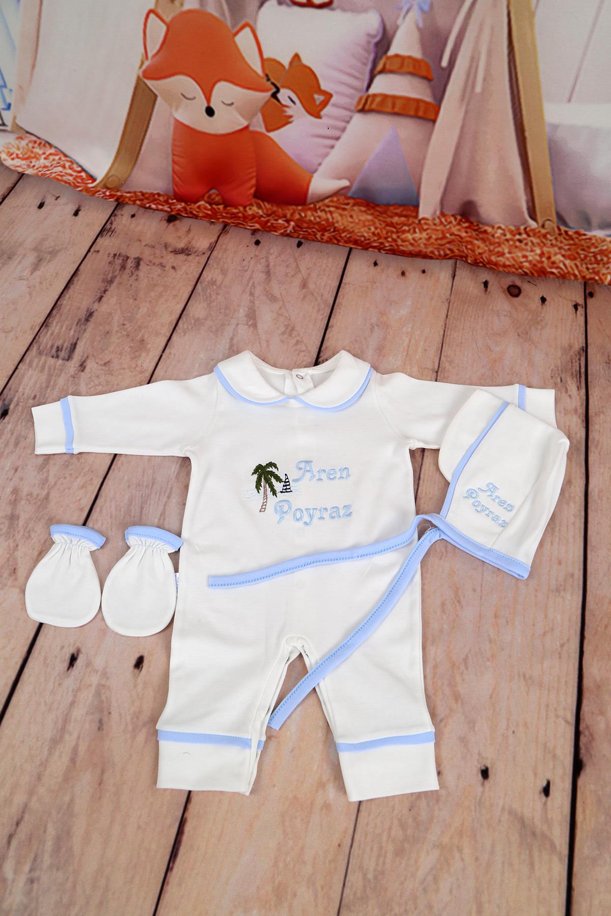 İsme Özel Mavi Biye Detaylı Hastane Çıkışı 3'lü set