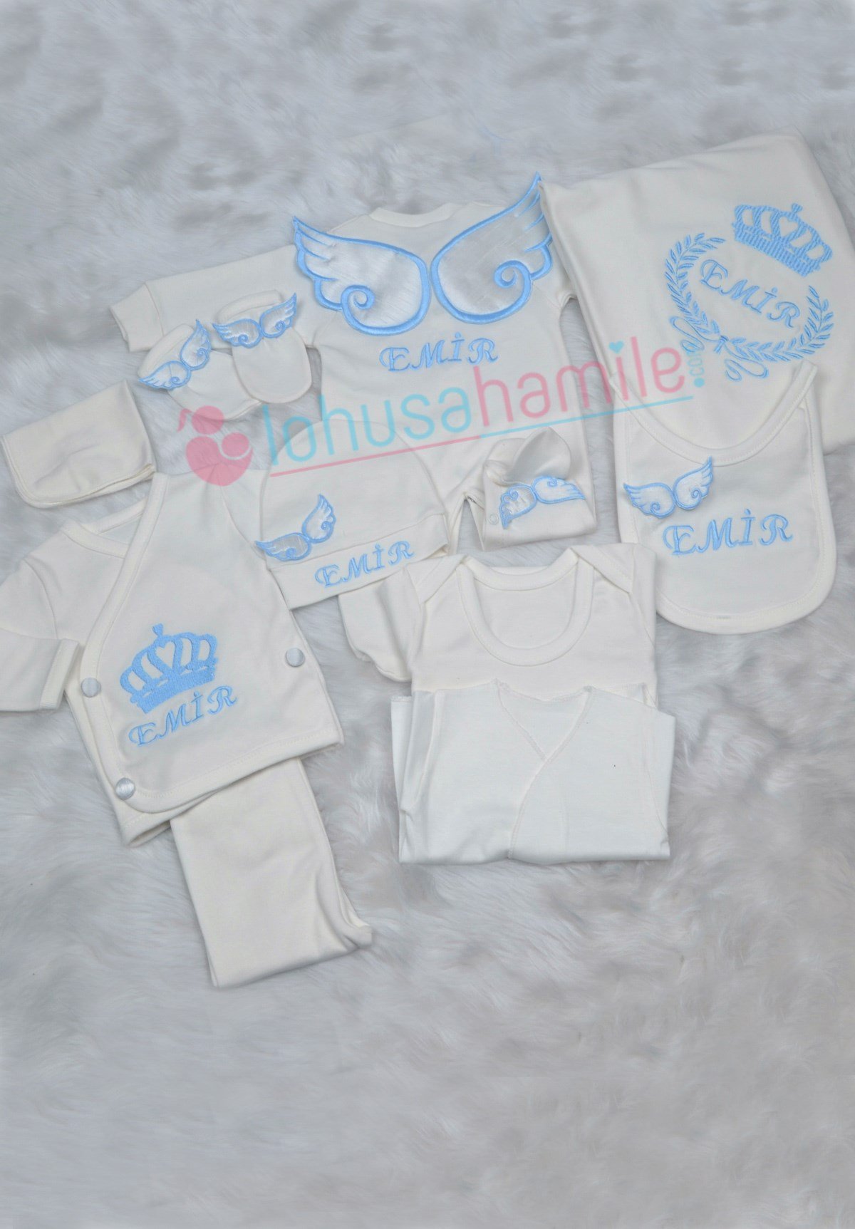 İsme Özel Melek Kanat İşlemeli 10'lu Bebek Tulum Seti-1004