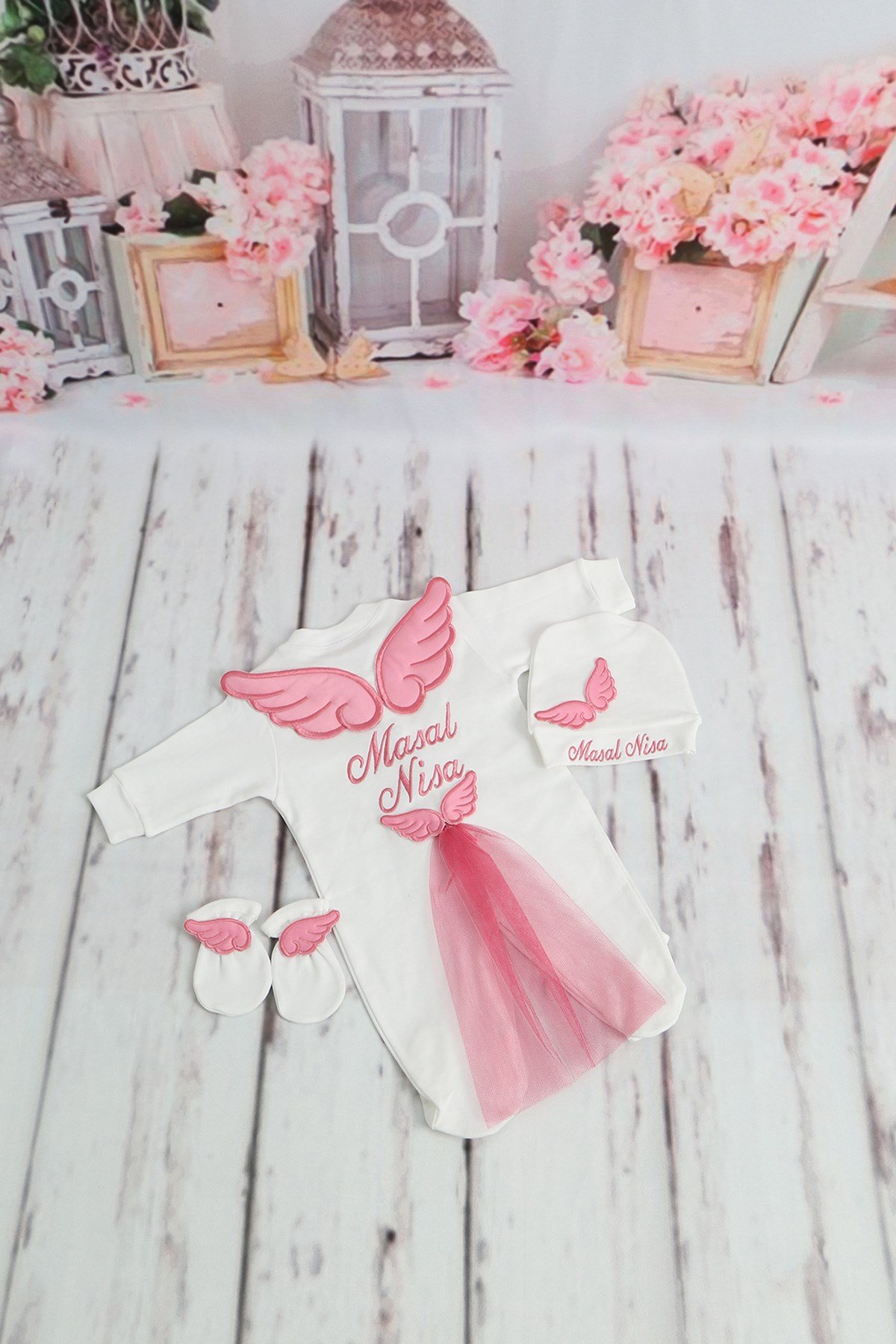 İsme Özel Mercan Kanatlı 3'lü Bebek Tulum Seti-3020