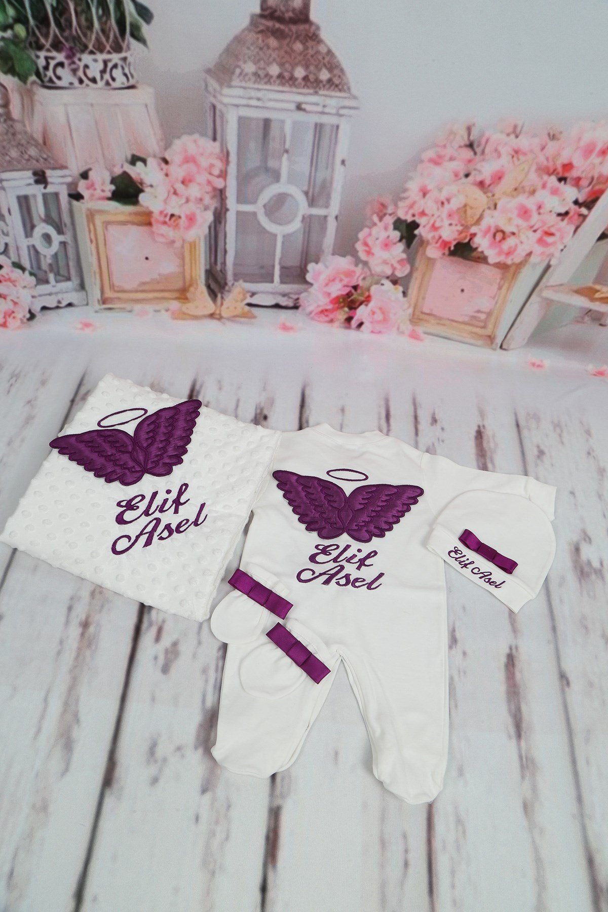 Personalized Purple Wing Embroidered 4 Pieces Baby Rompers Set-4024