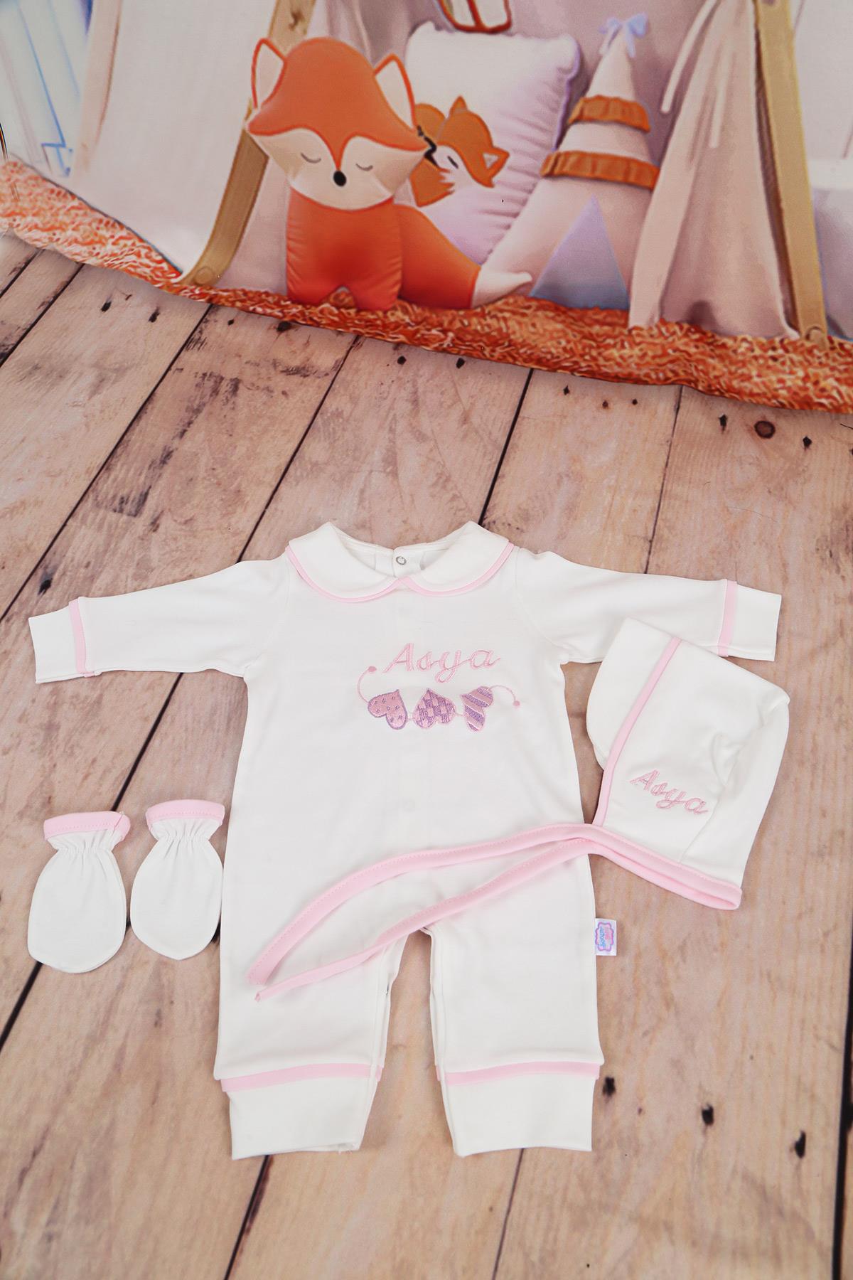 İsme Özel Pembe Biye Detaylı Hastane Çıkışı 3'lü set