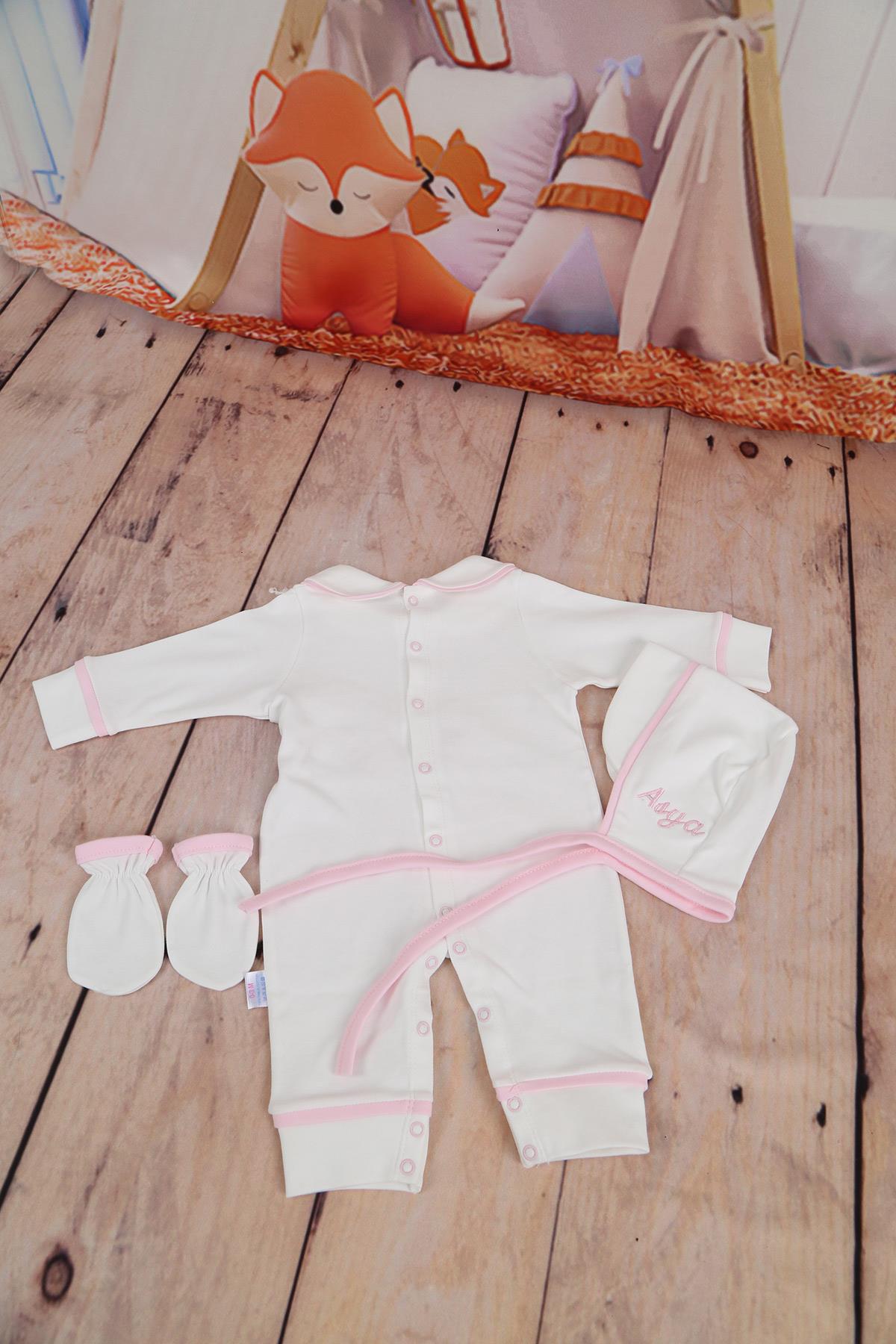 İsme Özel Pembe Biye Detaylı Hastane Çıkışı 3'lü set