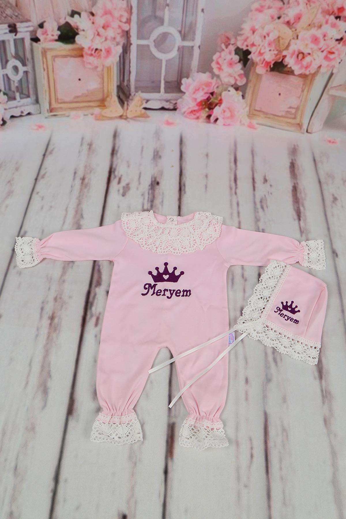 İsme Özel Pembe Güpür Yaka Dantelli Kız Bebek 2'li Takım
