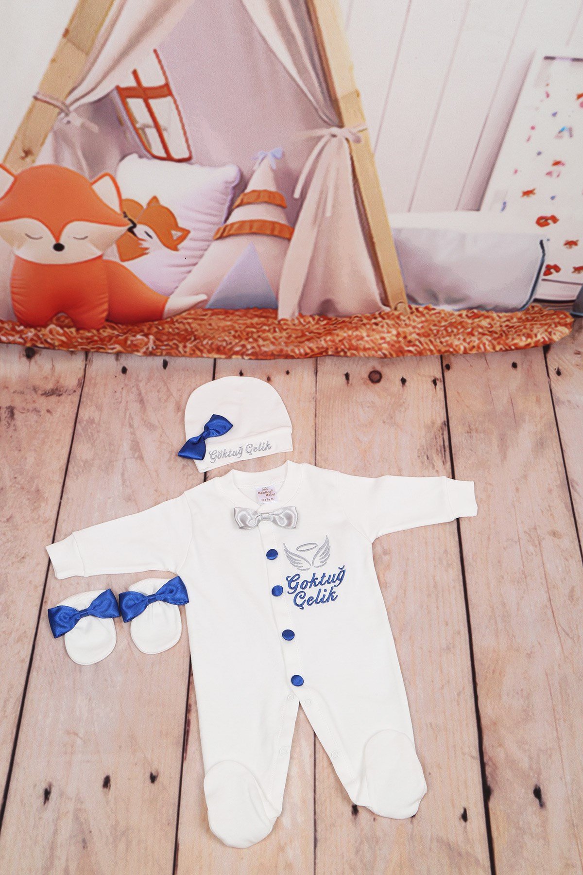 İsme Özel Saks Mavi Desenli 3'lu Bebek Tulum Seti-3045