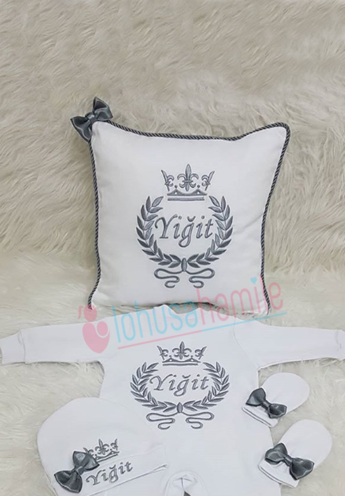 İsme Özel Tac İşlemli 4'lü Bebek Yastık-Tulum Seti-4033