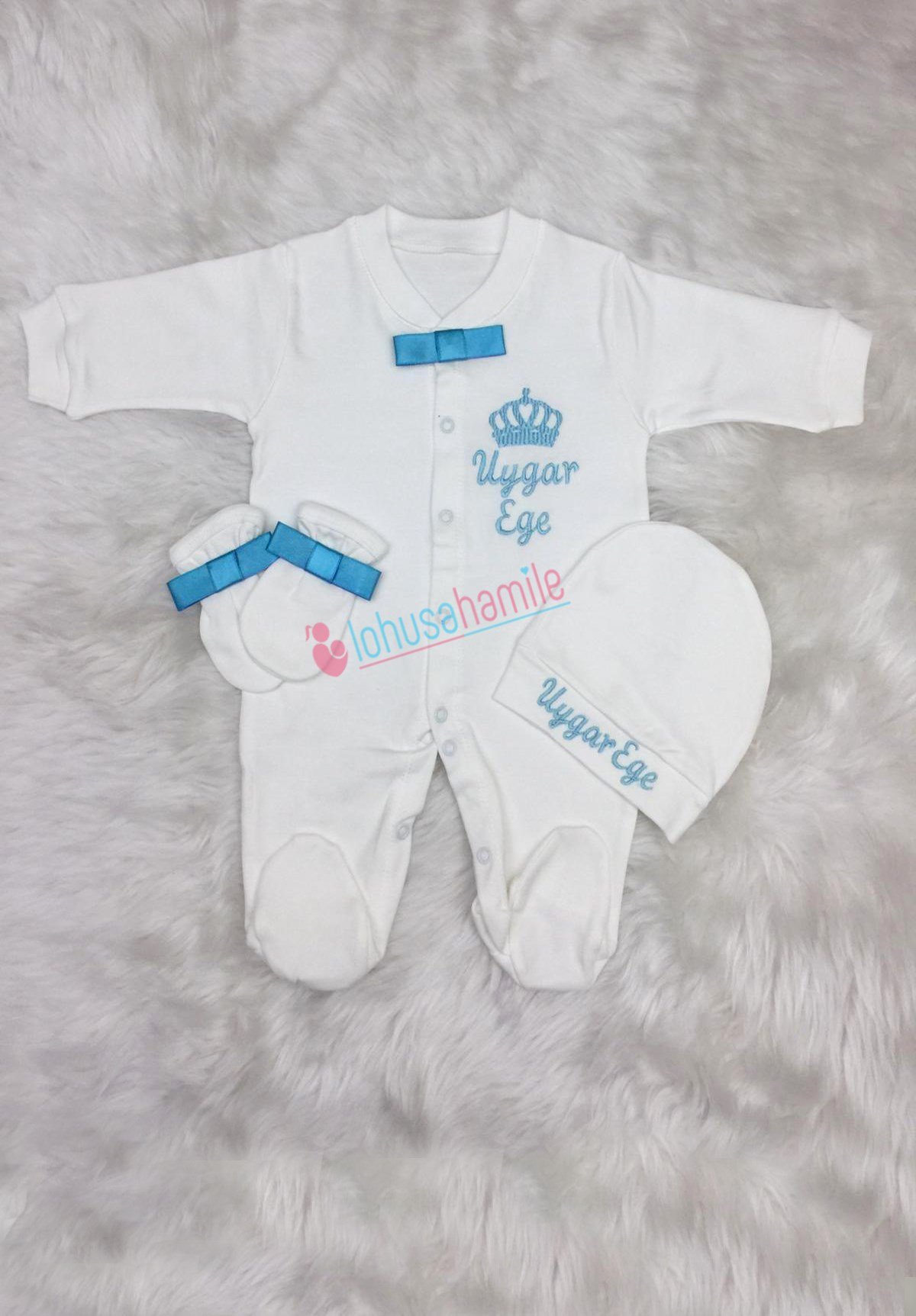 İsme Özel Turkuaz Tac İşlemli 3'lü Bebek Tulum Seti-3029