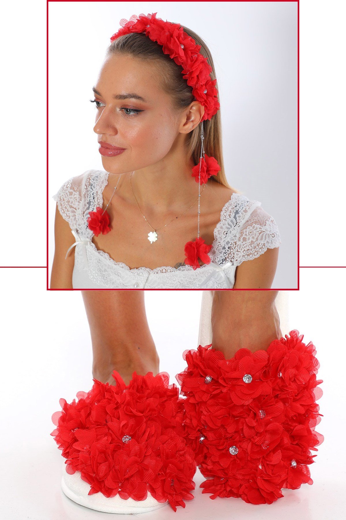 Kırmızı Sarkan Lohusa tac ve Lohusa Terlik Seti