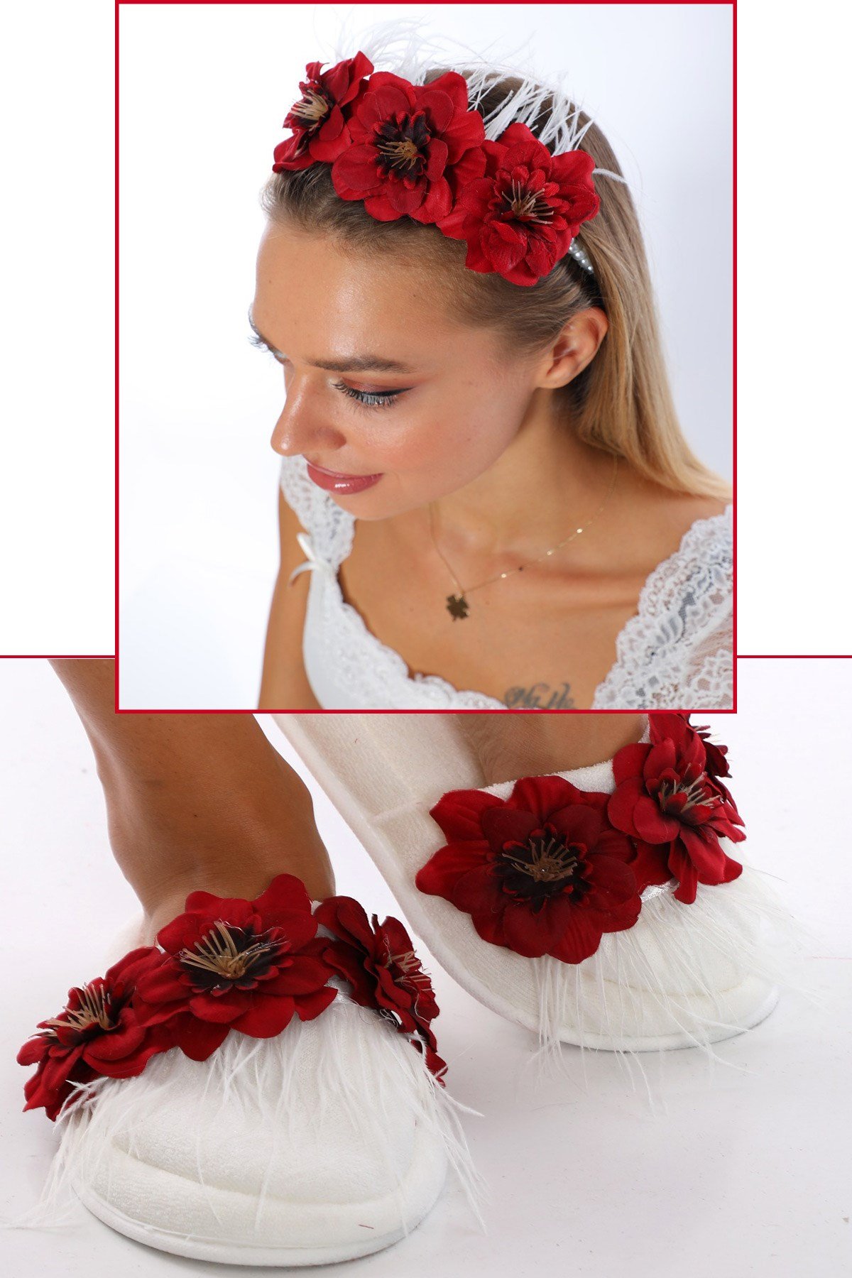 Kırmızı Tüylü Lohusa tac ve Lohusa Terlik Seti