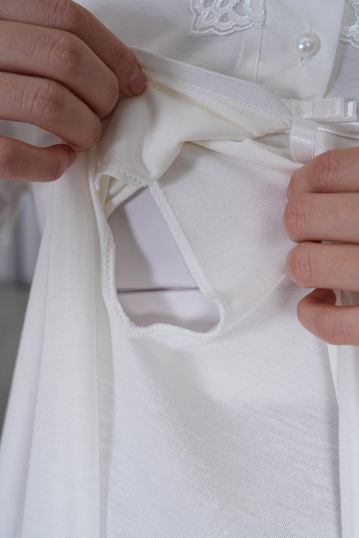 Kısa Kol Gizli Emzirme Özellikli Ekru Sabahlıklı Lohusa Pijama Takımı