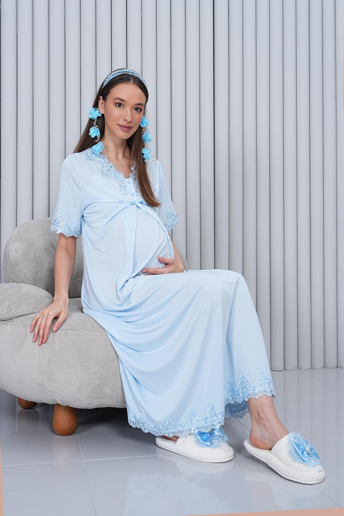 Kısa Kol Gizli Emzirme Özellikli Mavi Sabahlıklı Lohusa Gecelik Takımı