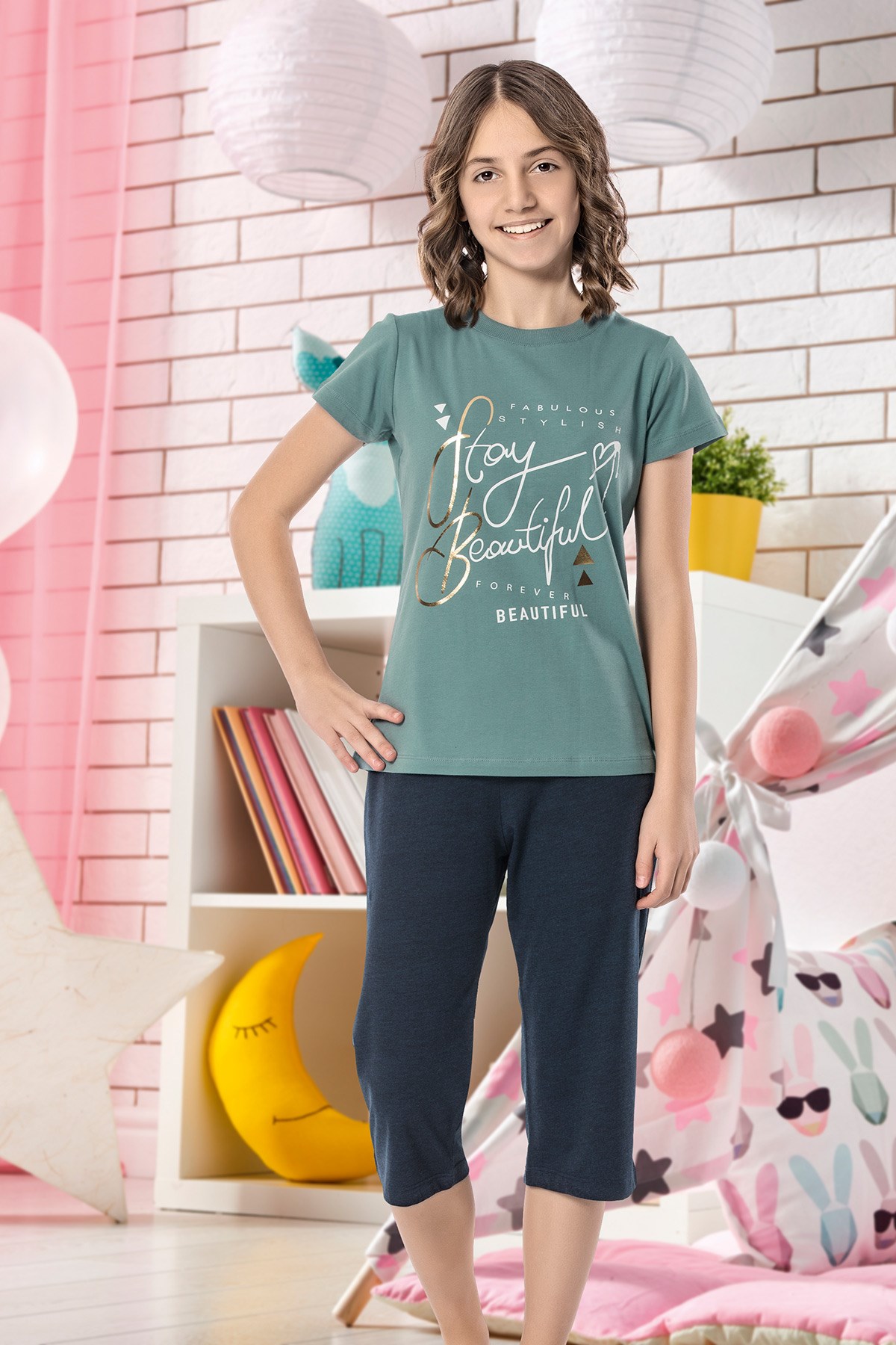 Kız Çoçuk Garson Kapri Pijama Takım 8087