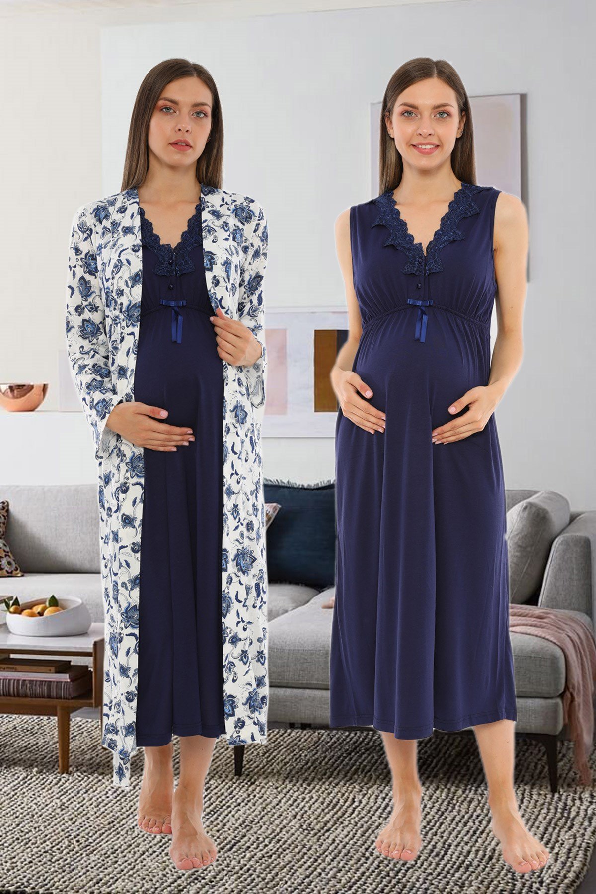 Lacivert Desen Detaylı Sabahlıklı Lohusa Gecelik Takımı 18035