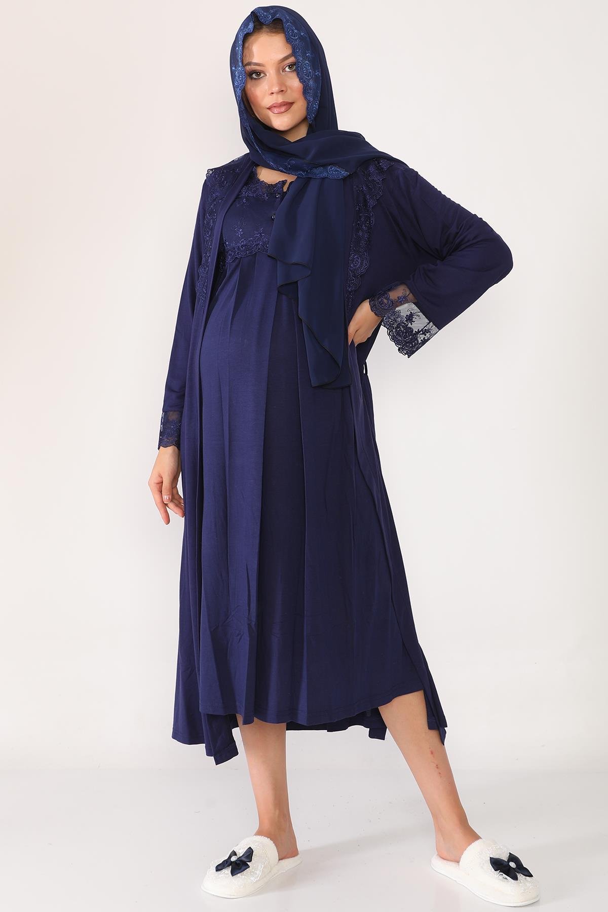 Lacivert Tesettürlü Sabahlıklı Lohusa Gecelik Takımı