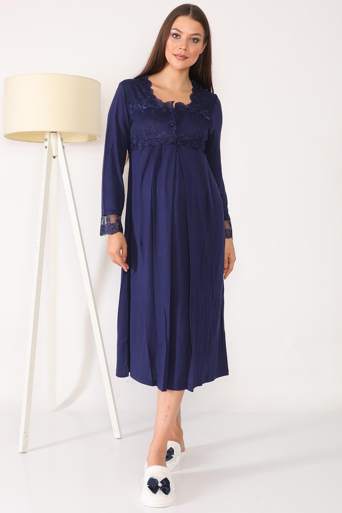 Lacivert Tesettürlü Sabahlıklı Lohusa Gecelik Takımı