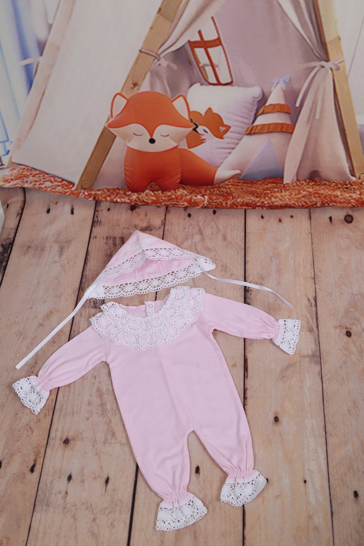 Lh0303- Güpür Yaka Dantelli Kız Bebek 2'li Takım