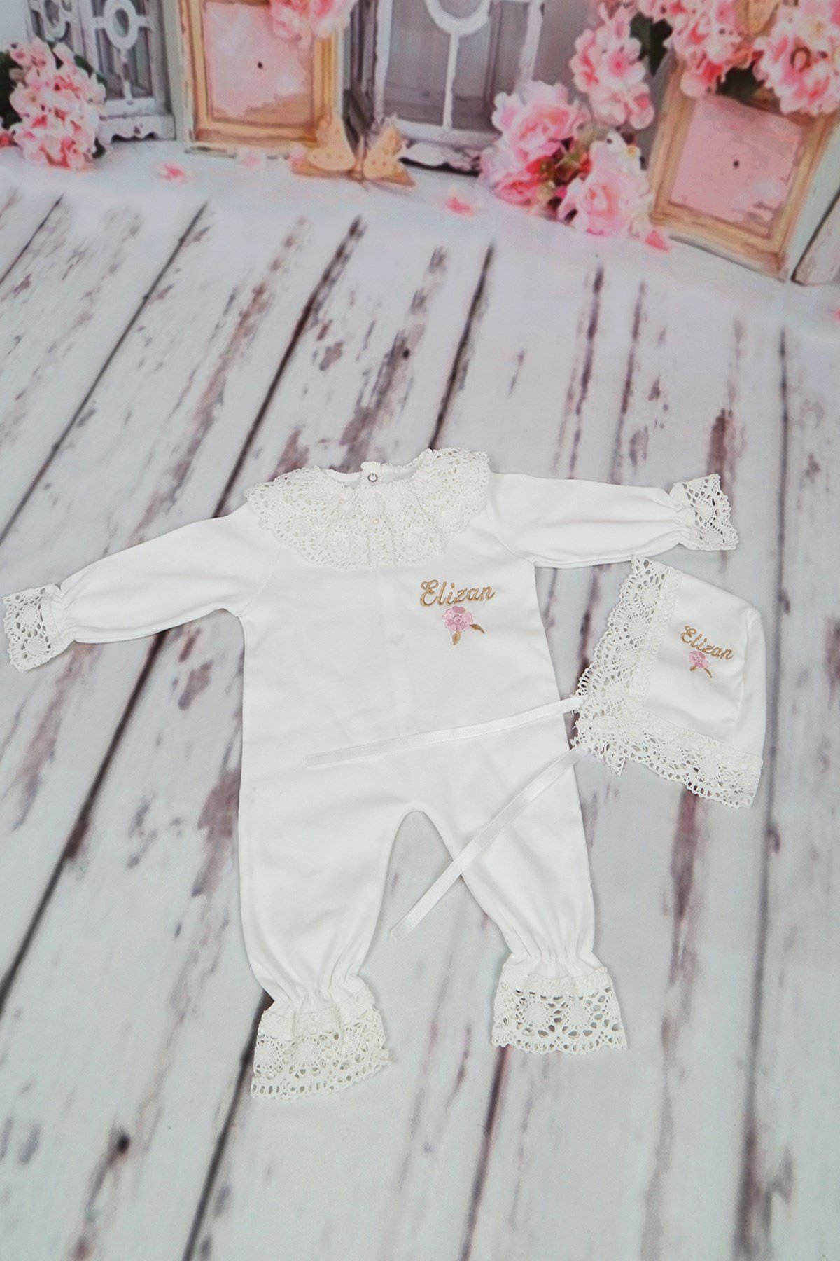 Lh0307 İsme Özel Güpür Yaka Dantelli Kız Bebek 2'li Takım