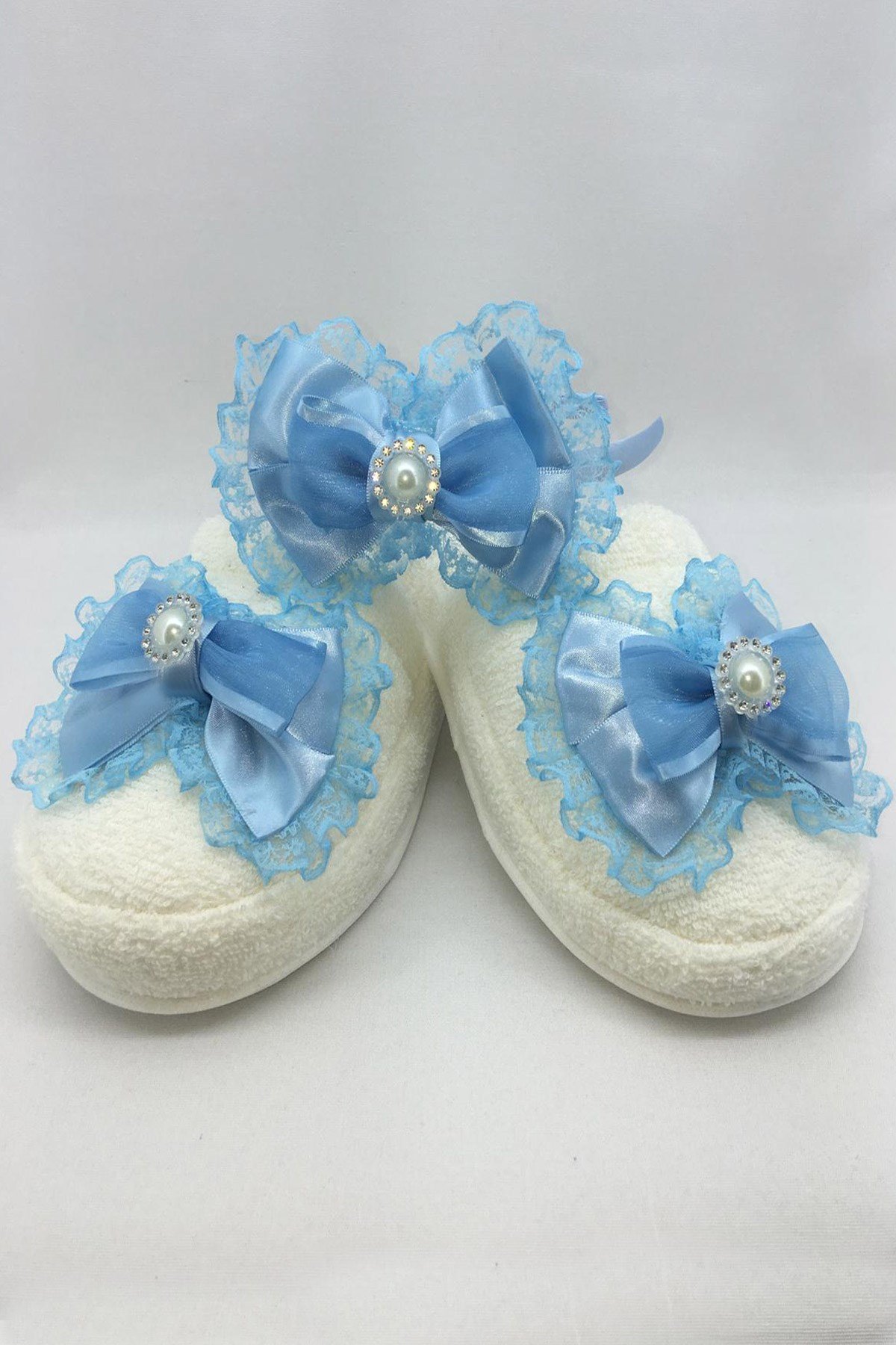 LH0592 Mavi Fiyonklu Lohusa Terlik ve Tac Seti