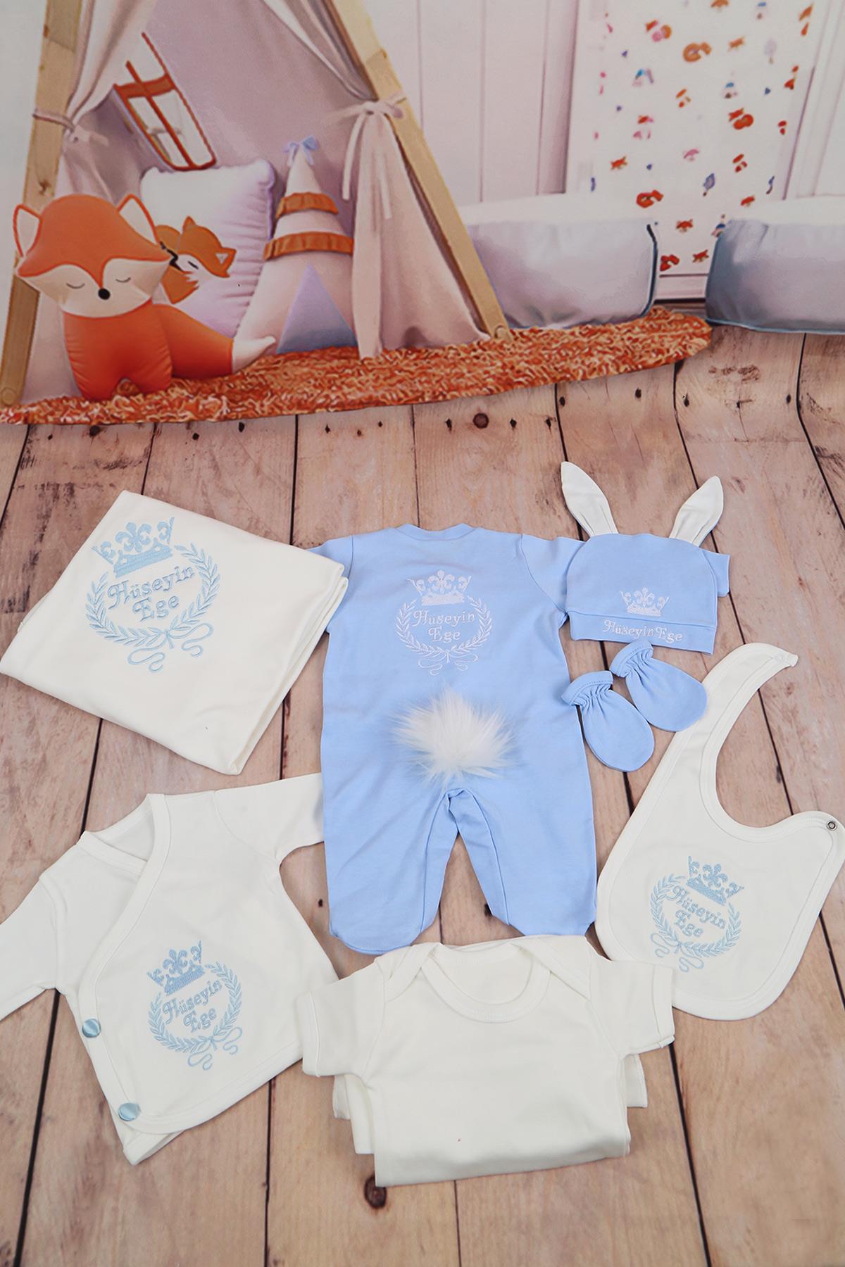 Lh10120 İsme Özel Mavi Tavşanlı Nakışlı 10lu Hastane Çıkış Seti