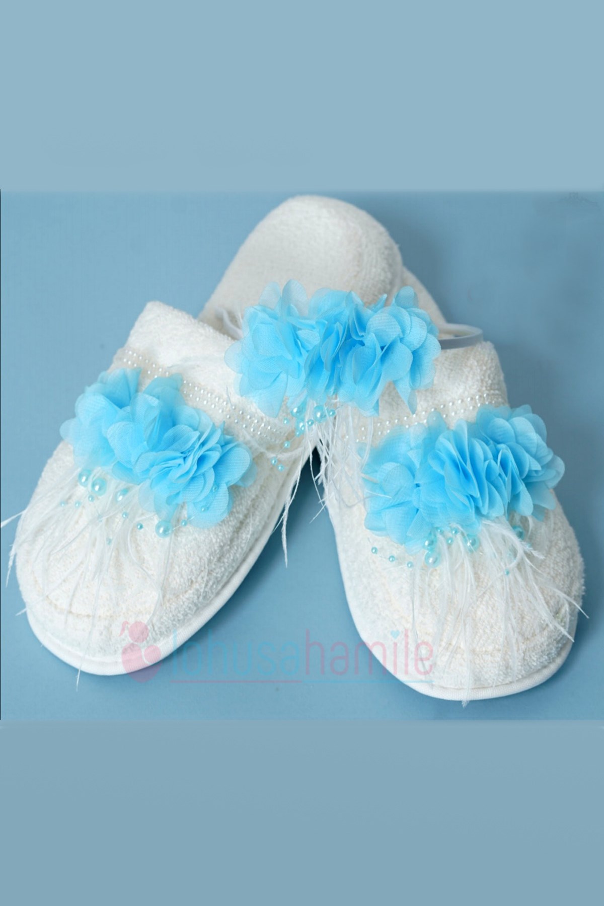 Lh105 Mavi Tüylü Lohusa tac ve Lohusa Terlik Seti