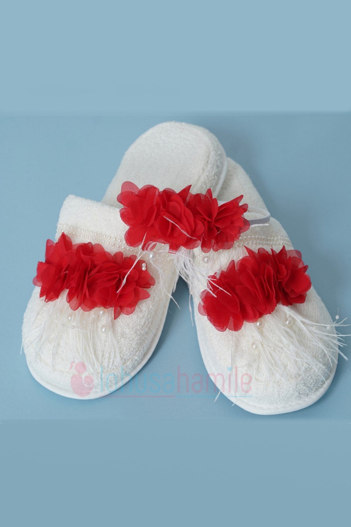 Lh106 Kırmızı Tüylü Lohusa tac ve Lohusa Terlik Seti