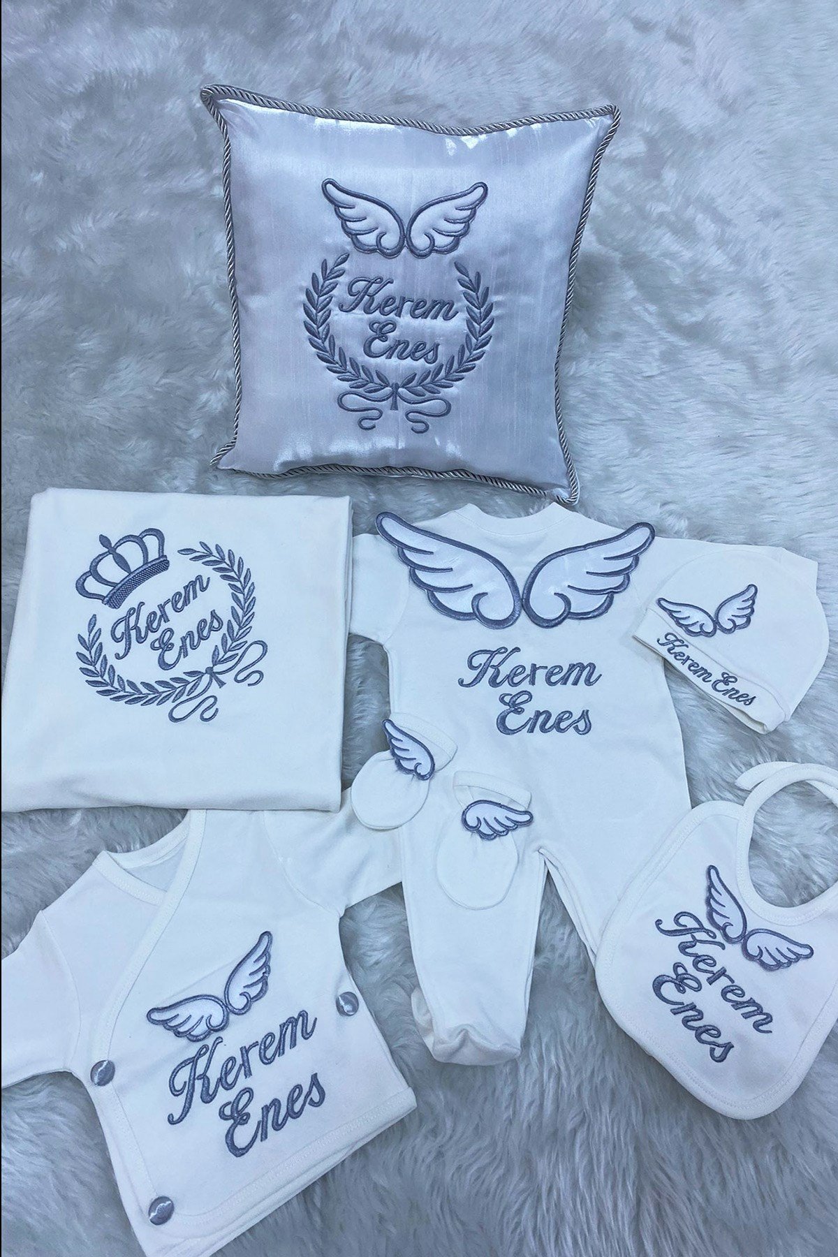 Lh1087 İsme Özel Kanat Nakışlı 11li Hastane Çıkışı Seti