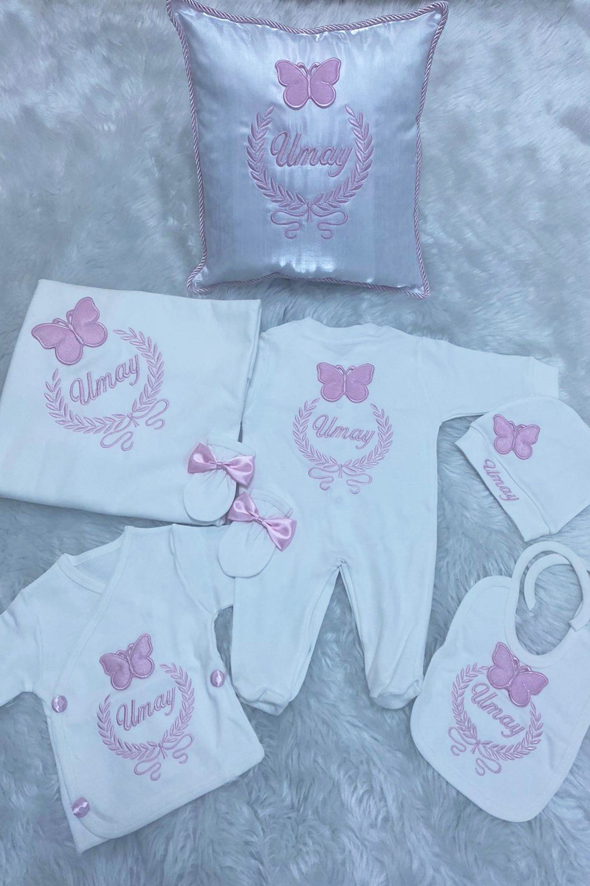 Lh1088 İsme Özel Kelebek Nakışlı 11li Hastane Çıkışı Seti