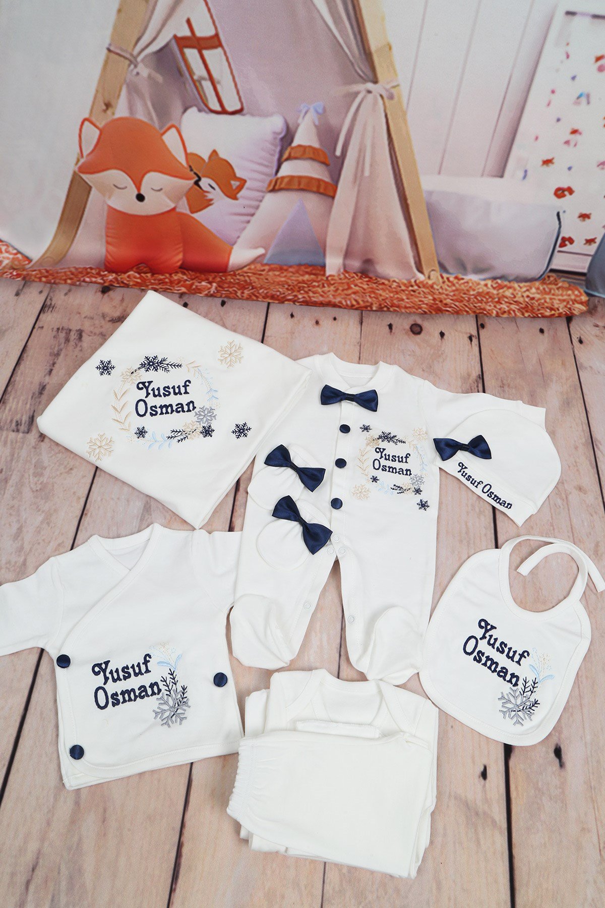 Lh1095 İsme Özel Kar Tanesi Nakışlı 10lu Hastane Çıkışı Seti