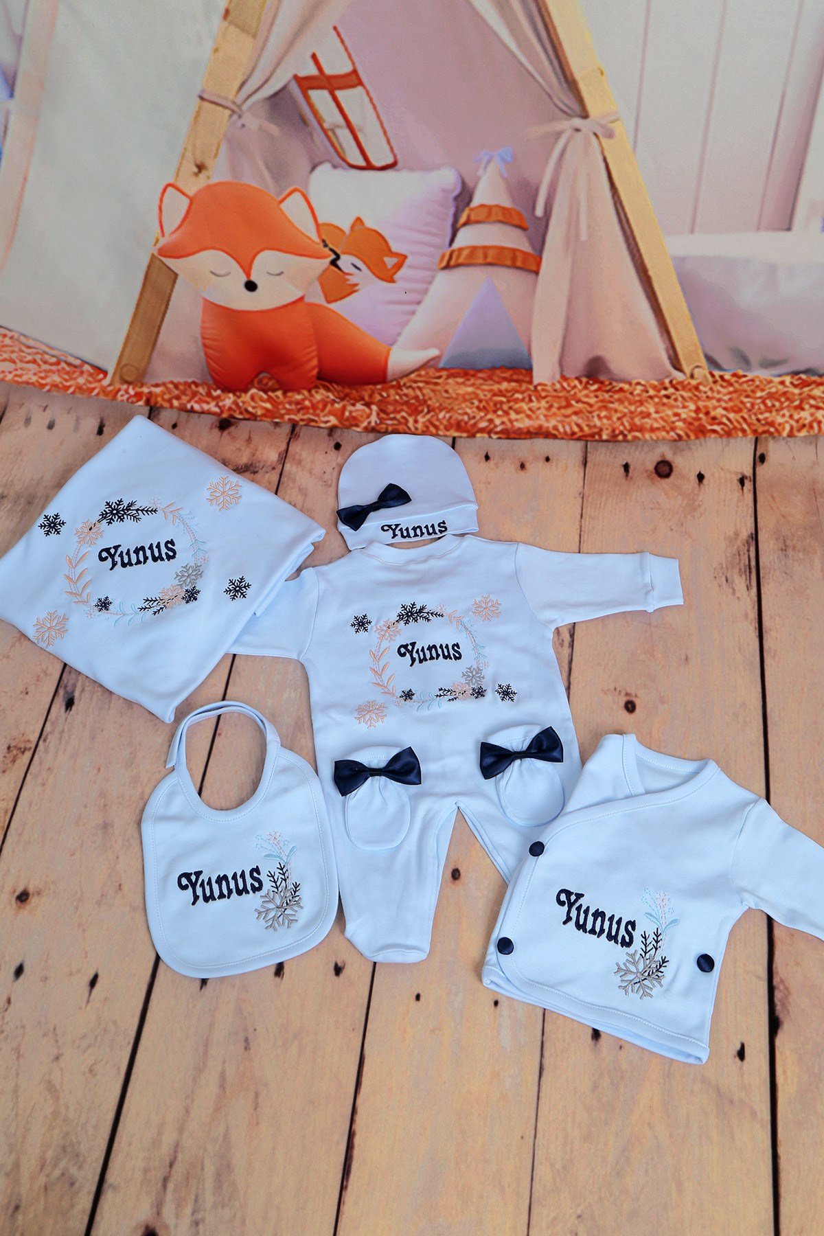 Lh1097 İsme Özel Kar Tanesi Nakışlı 10lu Hastane Çıkışı Seti