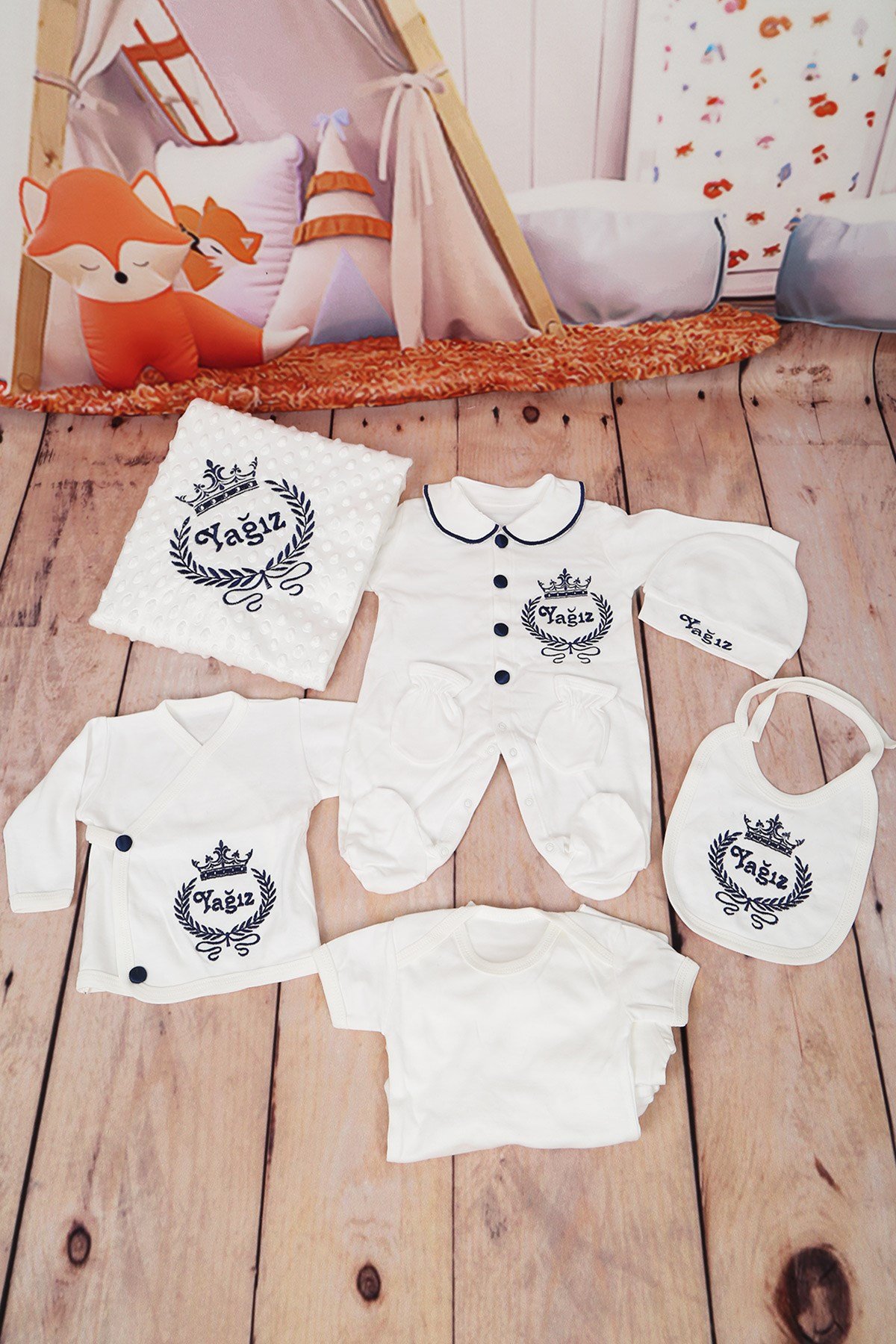 Lh1109 İsme Özel Yaka Detaylı Taç Çelenk Detaylı Hastane Çıkışı 10lu Set