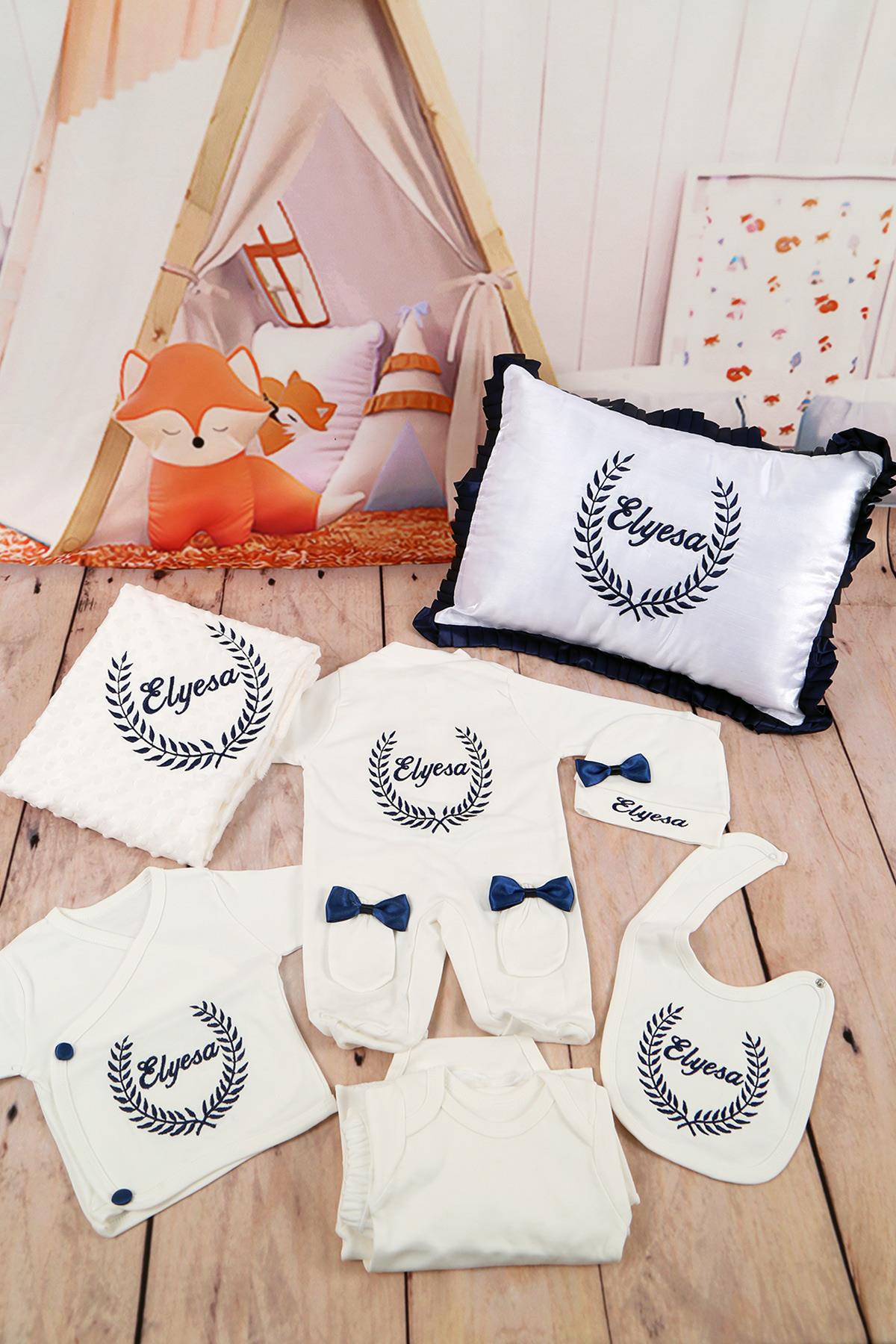 Lh1120 İsme Özel Çelenk Nakışlı 11li Yastıklı Hastane Çıkış Set