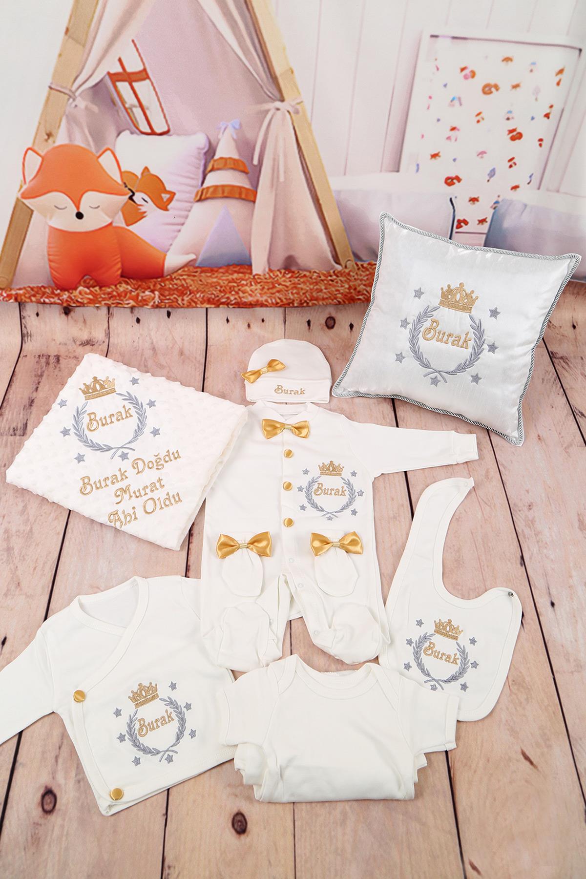 Lh1121 İsme Özel Yıldız Taç Çelenk Nakışlı 11li Hastane Çıkış Set