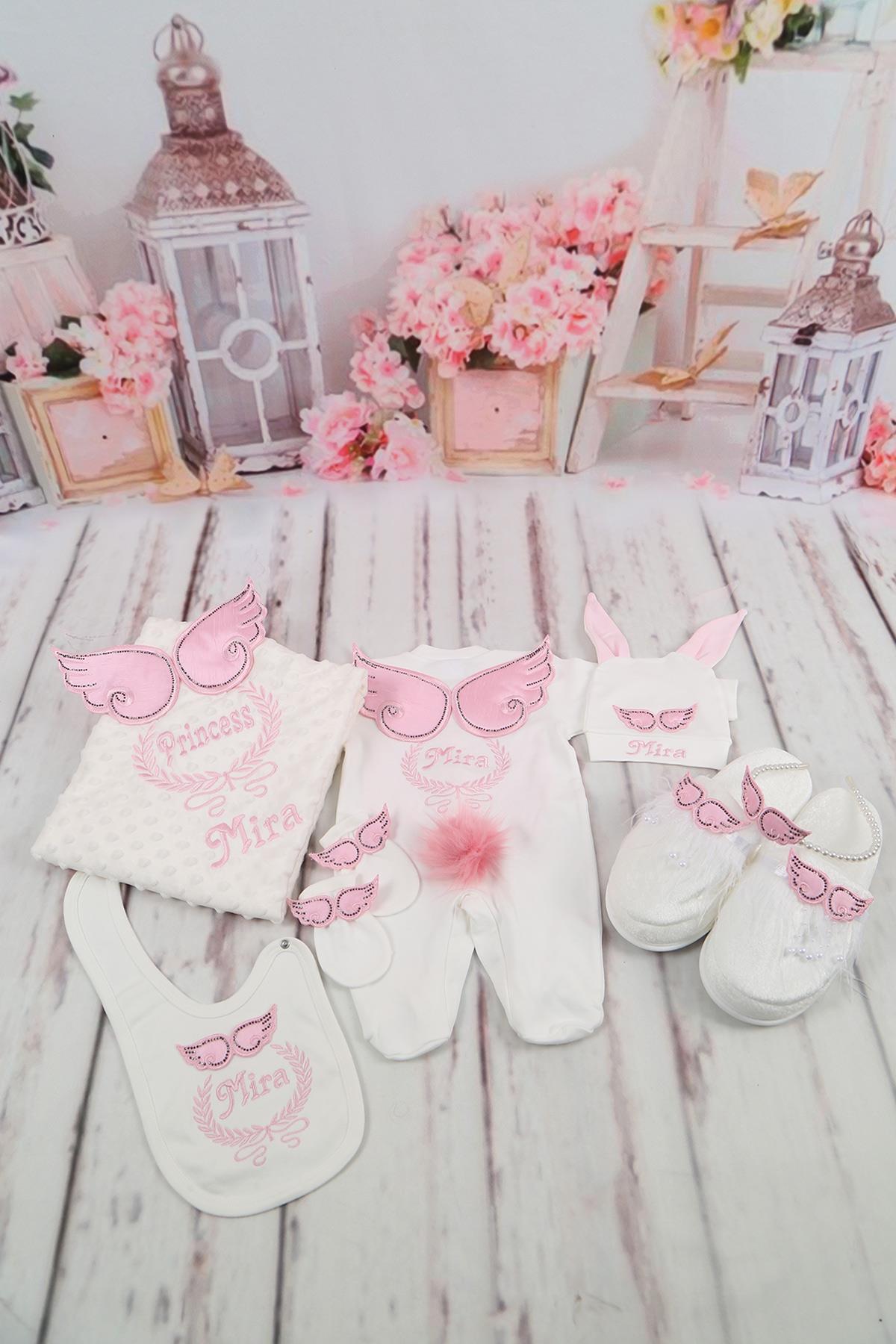 Lh1122 İsme Özel Taşlı Kanat Nakışlı 7li Hastane Çıkış Seti