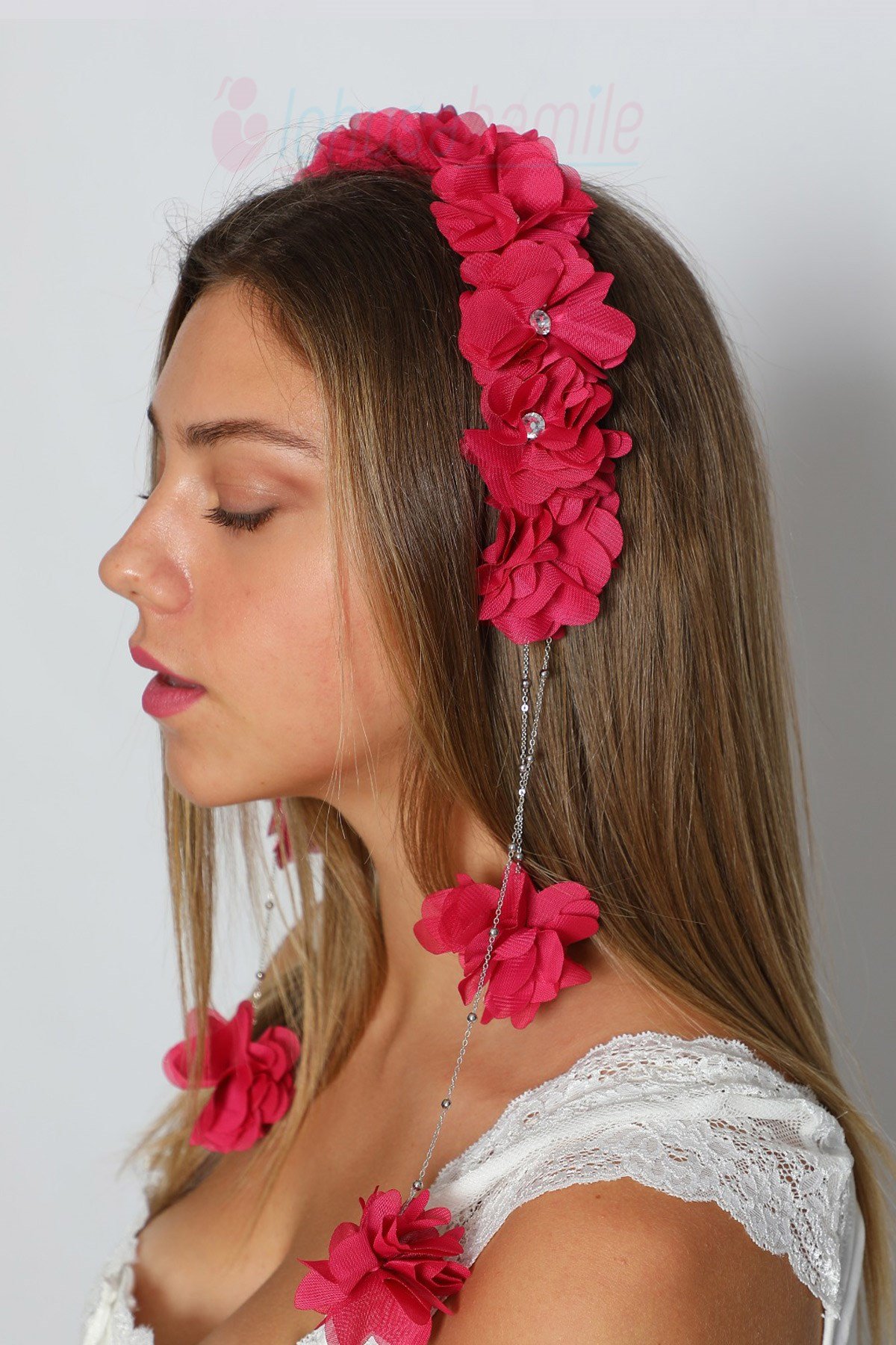 LH2314 Sarkan Küpeli Fuşya Lohusa Tacı