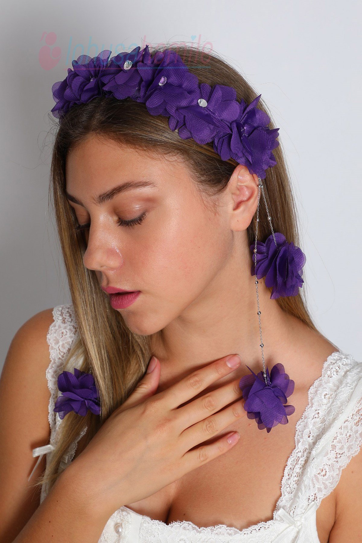 LH2315 Sarkan Küpeli Mor Lohusa Tacı