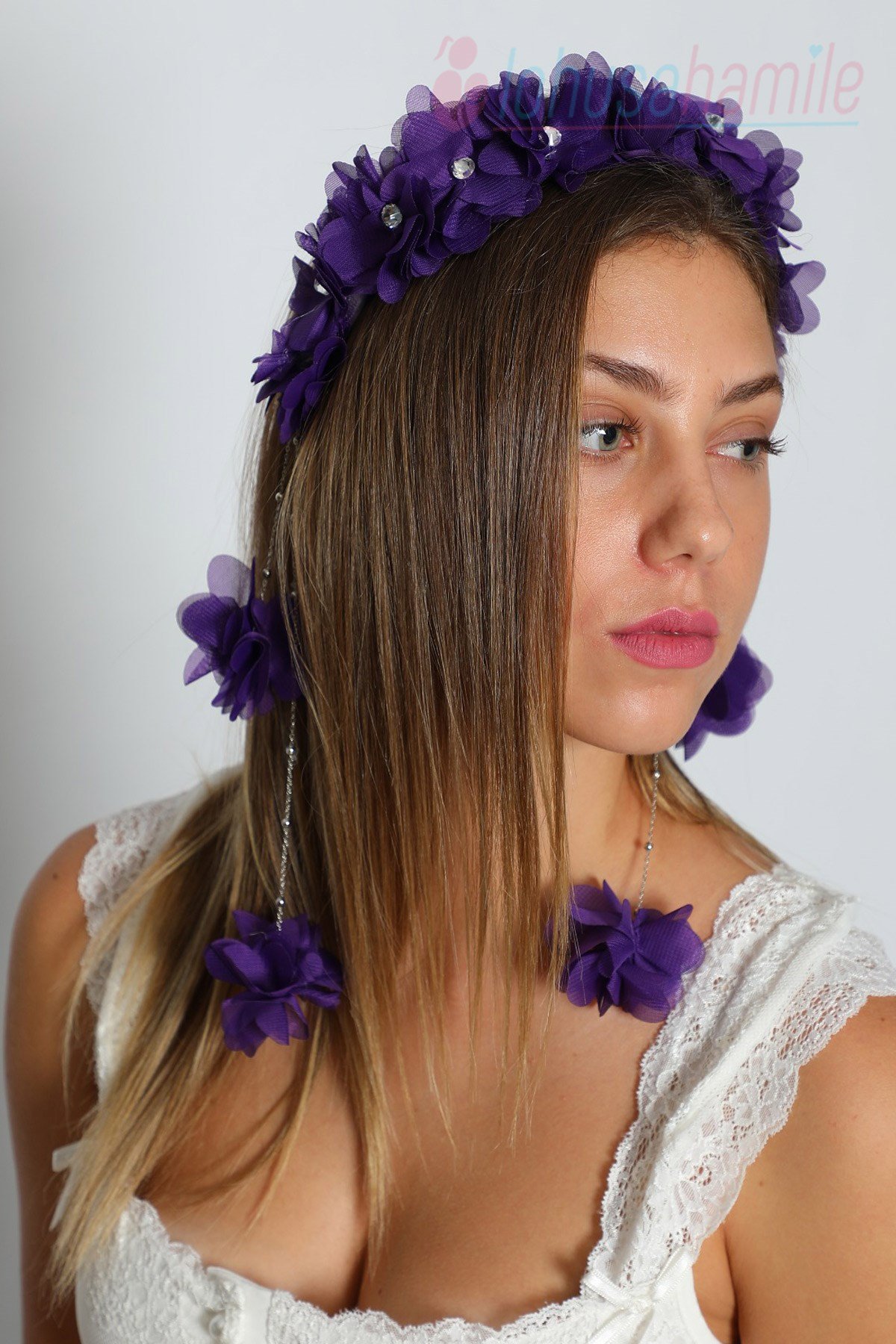 LH2315 Sarkan Küpeli Mor Lohusa Tacı