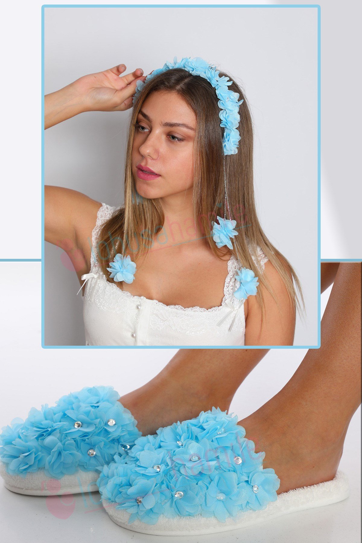 Lh23321 Mavi  Sarkan tac ve Beylem Lohusa Terlik Seti