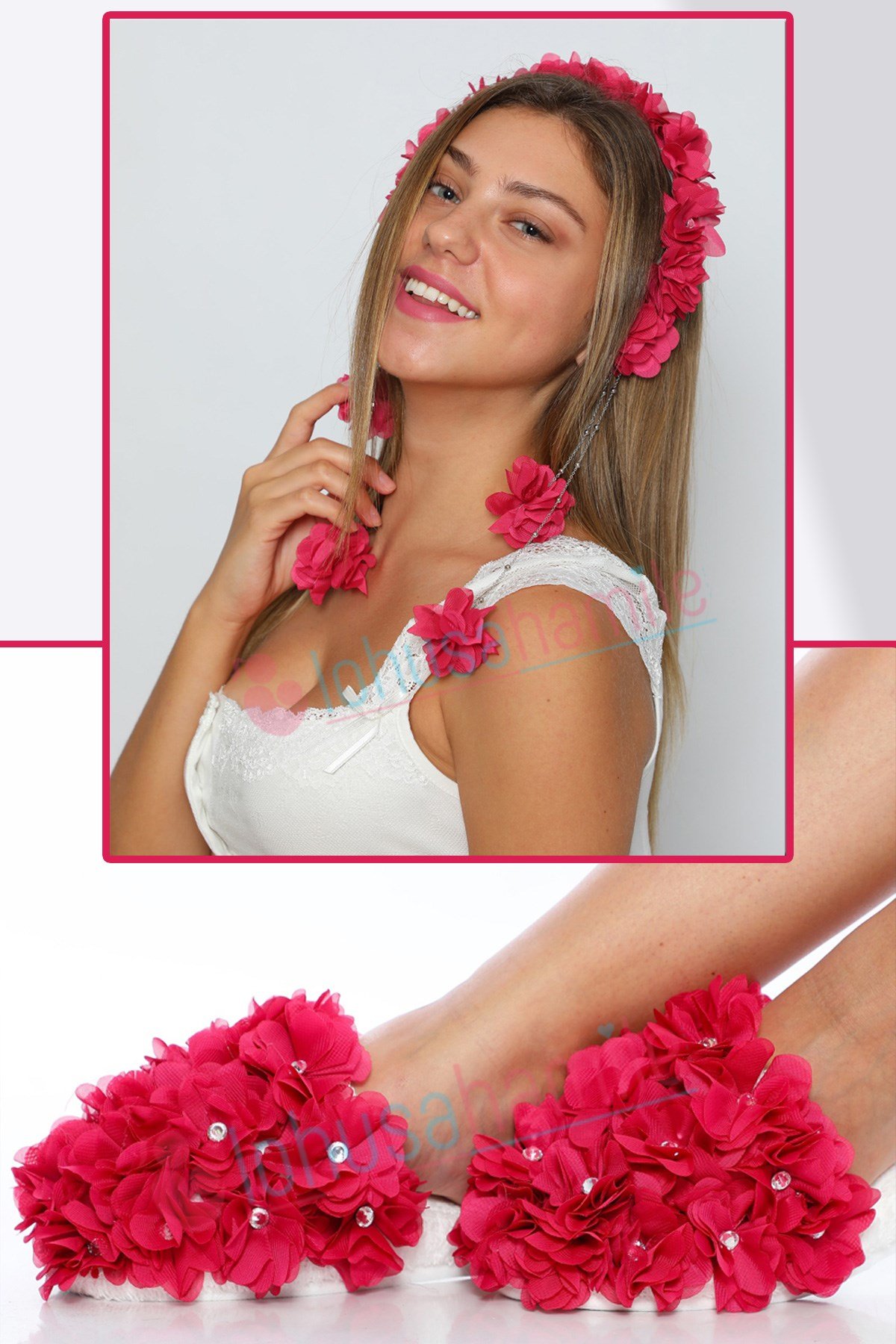 Lh23541 Fuşya Sarkan tac ve Beylem Lohusa Terlik Seti