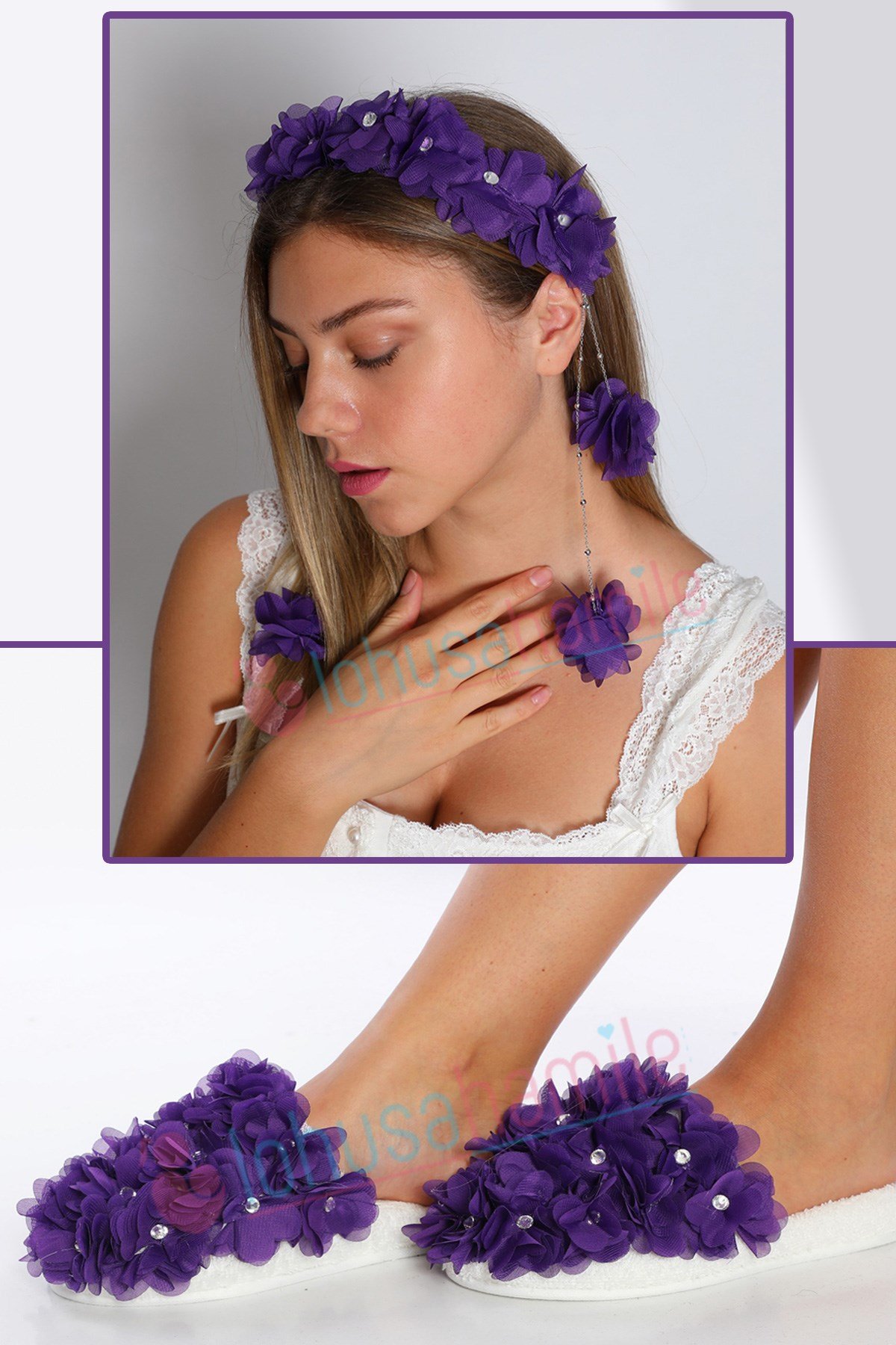 Lh23651 Mor Sarkan tac ve Beylem Lohusa Terlik Seti