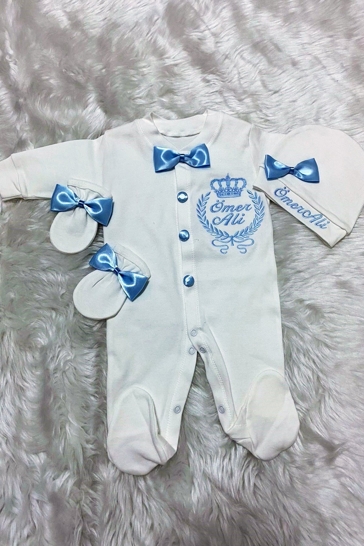 Lh3074 İsme Özel Tac Desenli Hastane Çıkışı 3lü Set