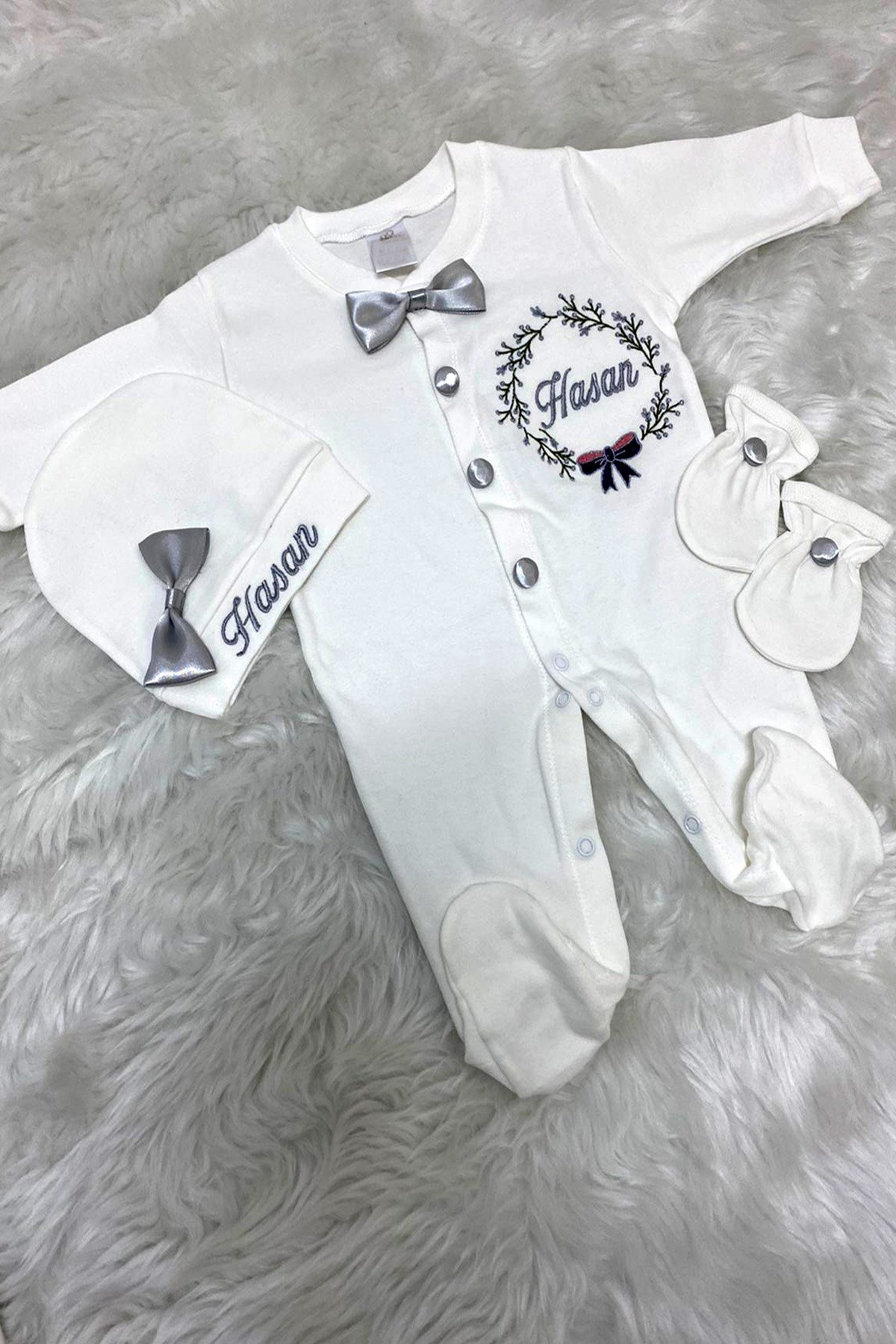 Lh3077 İsime Özel Çiçek Nakışlı Hastane Çıkışı 3lü Set