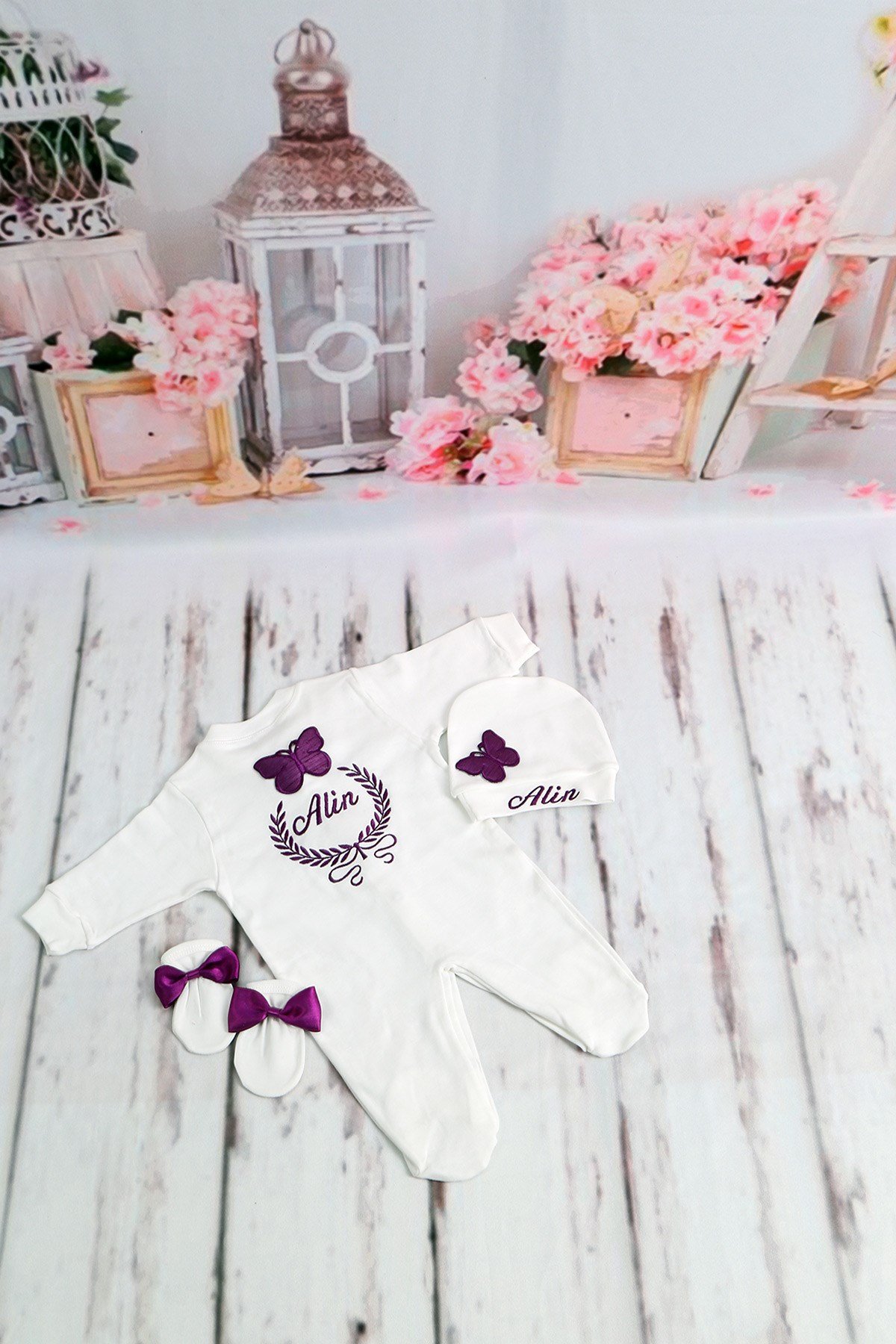 Lh3088 İsme Özel Kelebek Nakışlı Hastane Çıkışı 3lü Set