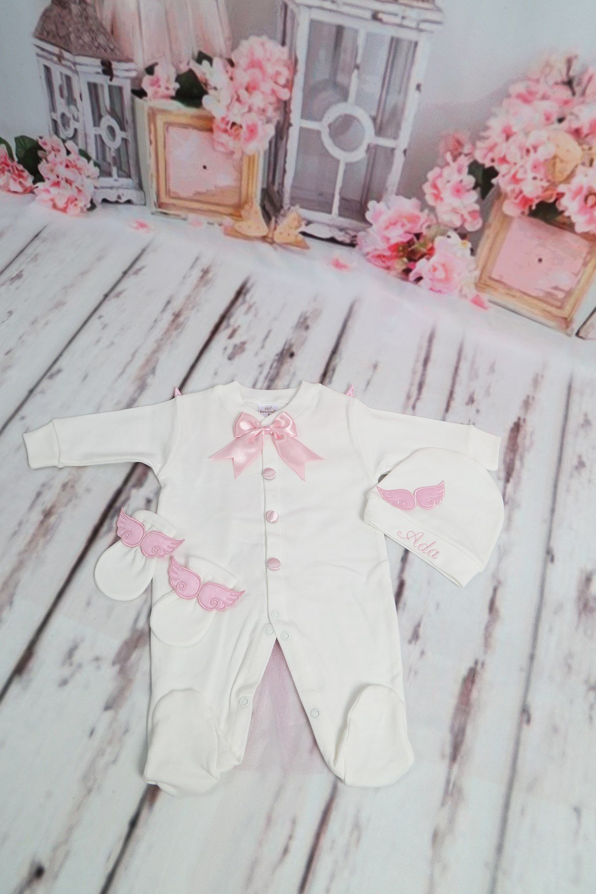 Lh3094 İsme Özel Kanat Nakışlı Hastane Çıkışı 3lü Set