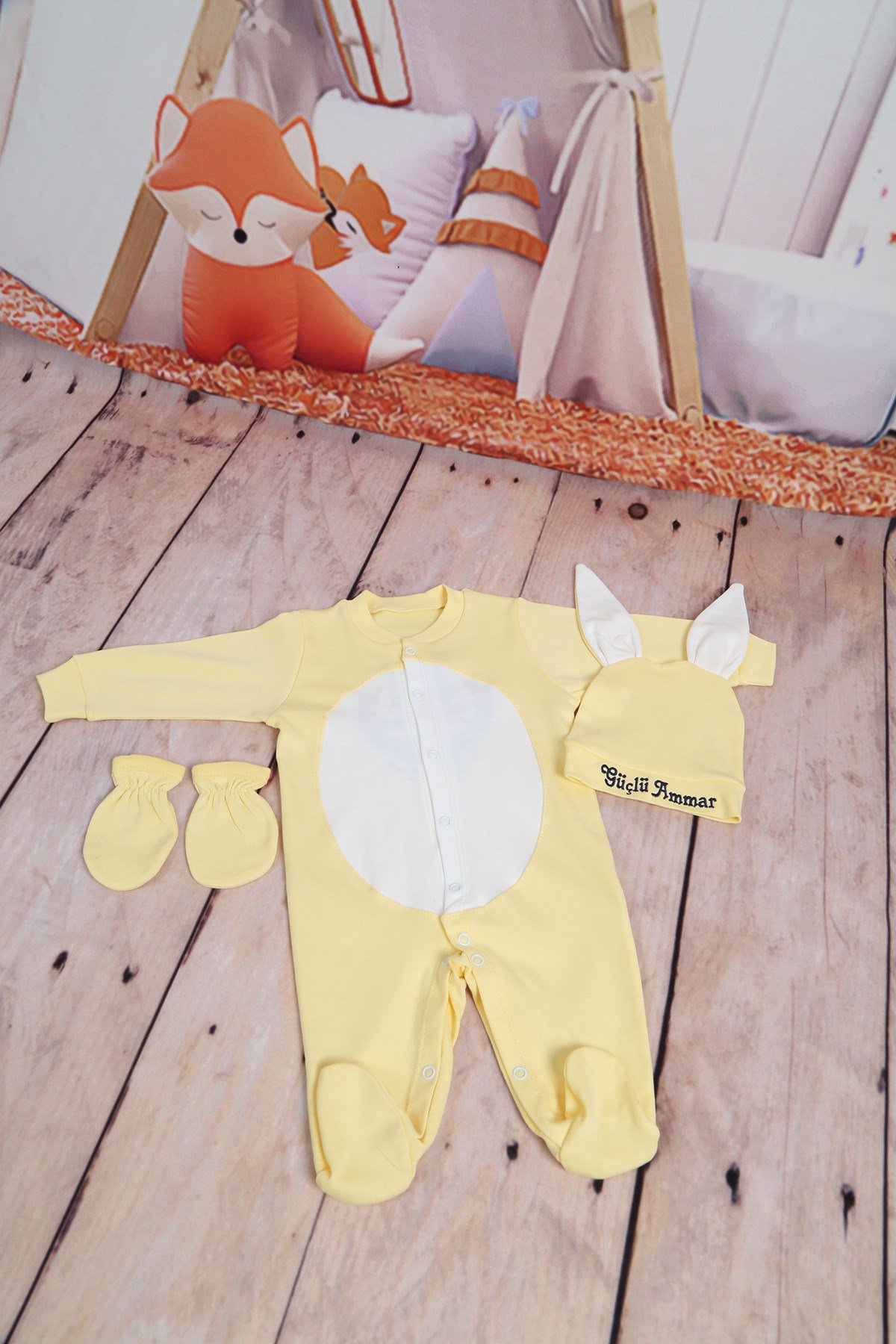 Lh3101 İsme Özel Sarı Tavşanlı Nakışlı Hastane Çıkışı 3lü Set